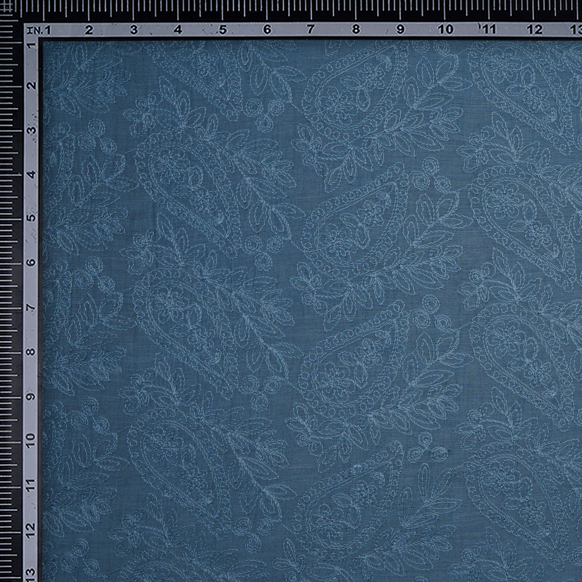 (Pre-Cut 2.20 Mtr)Stone Blue Paisely Pattern Embroidered Fine Chanderi Fabric