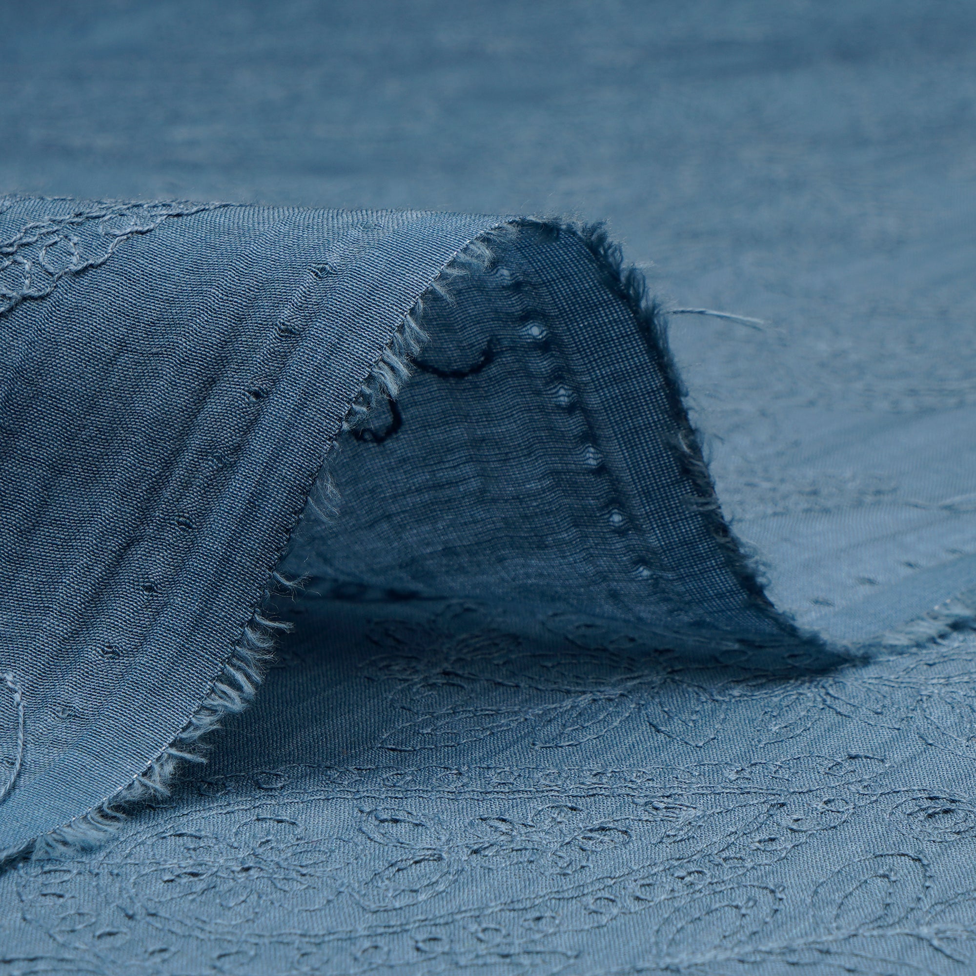 (Pre-Cut 2.20 Mtr)Stone Blue Paisely Pattern Embroidered Fine Chanderi Fabric