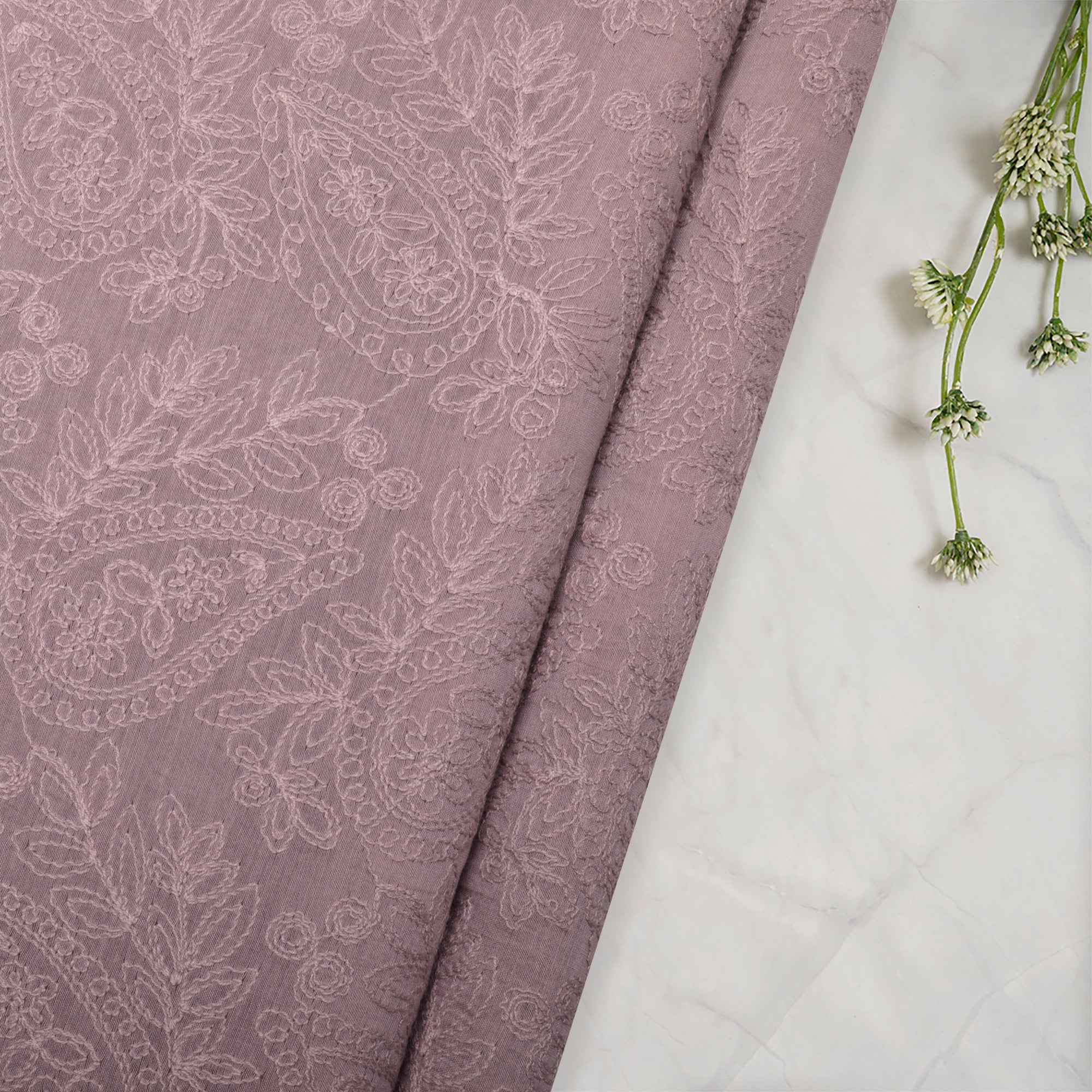 (Pre-Cut 2.25 Mtr)Lavender Paisely Pattern Embroidered Fine Chanderi Fabric