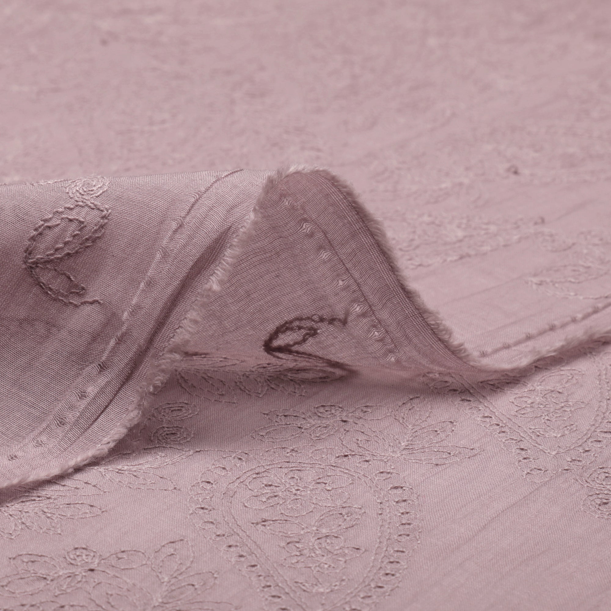 (Pre-Cut 2.25 Mtr)Lavender Paisely Pattern Embroidered Fine Chanderi Fabric