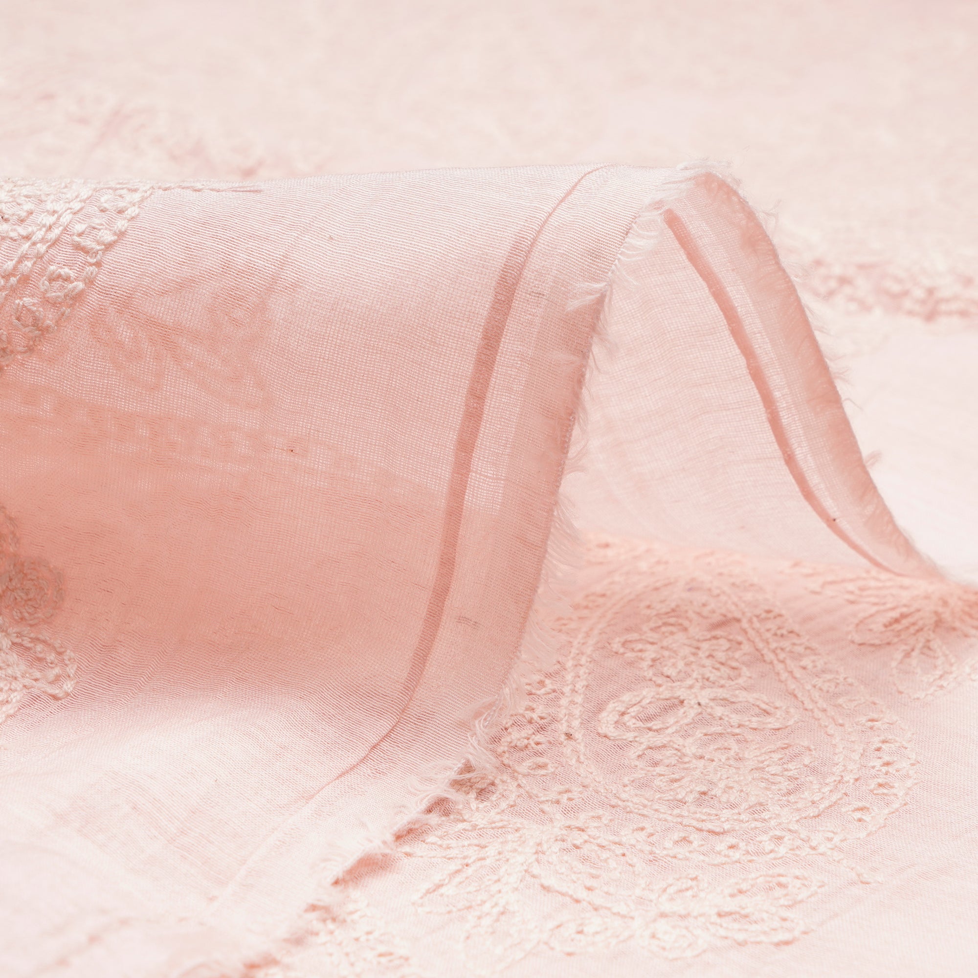 (Pre-Cut 3.00 Mtr)Powder Pink All Over Patteen Thread Embroidered Chanderi Fabric
