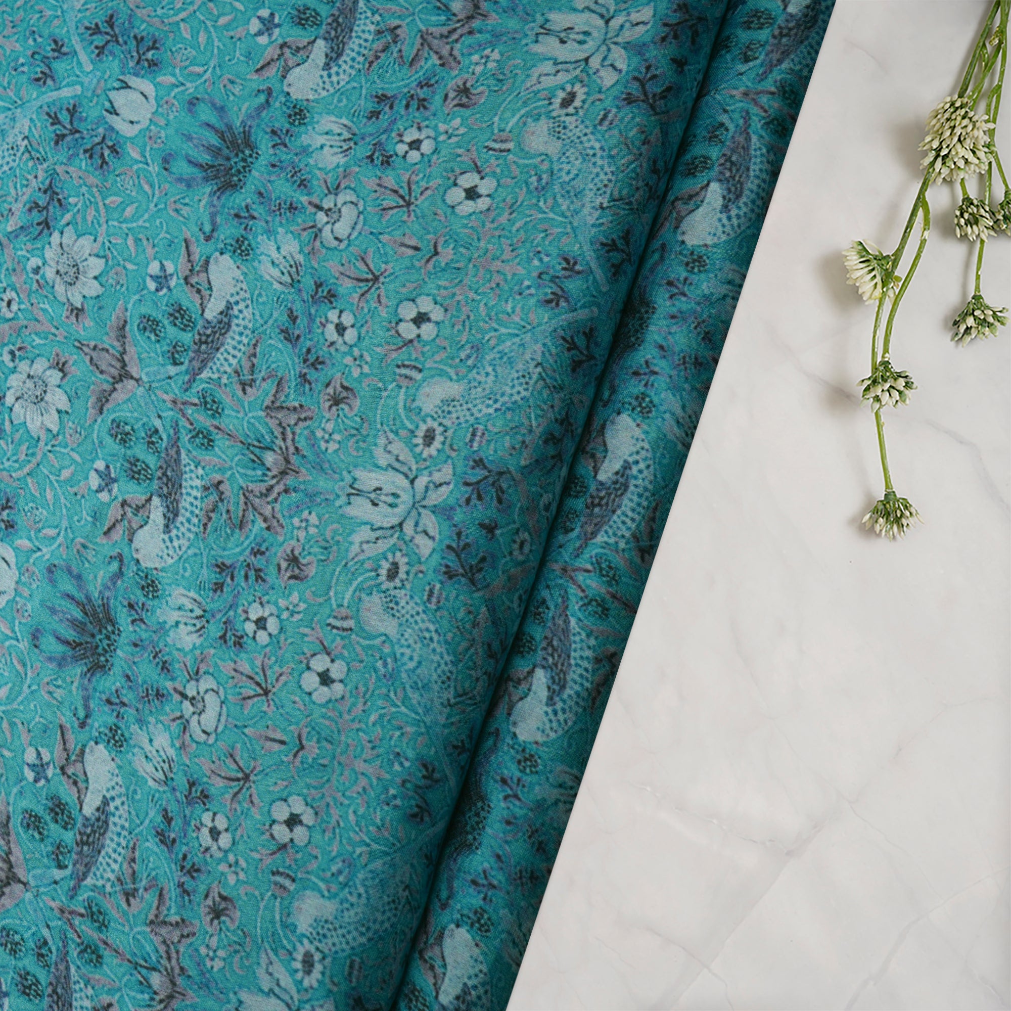 (Pre-Cut 2.20 Mtr)Sky Blue Floral Pattern Digital Print Satin Chiffon Fabric