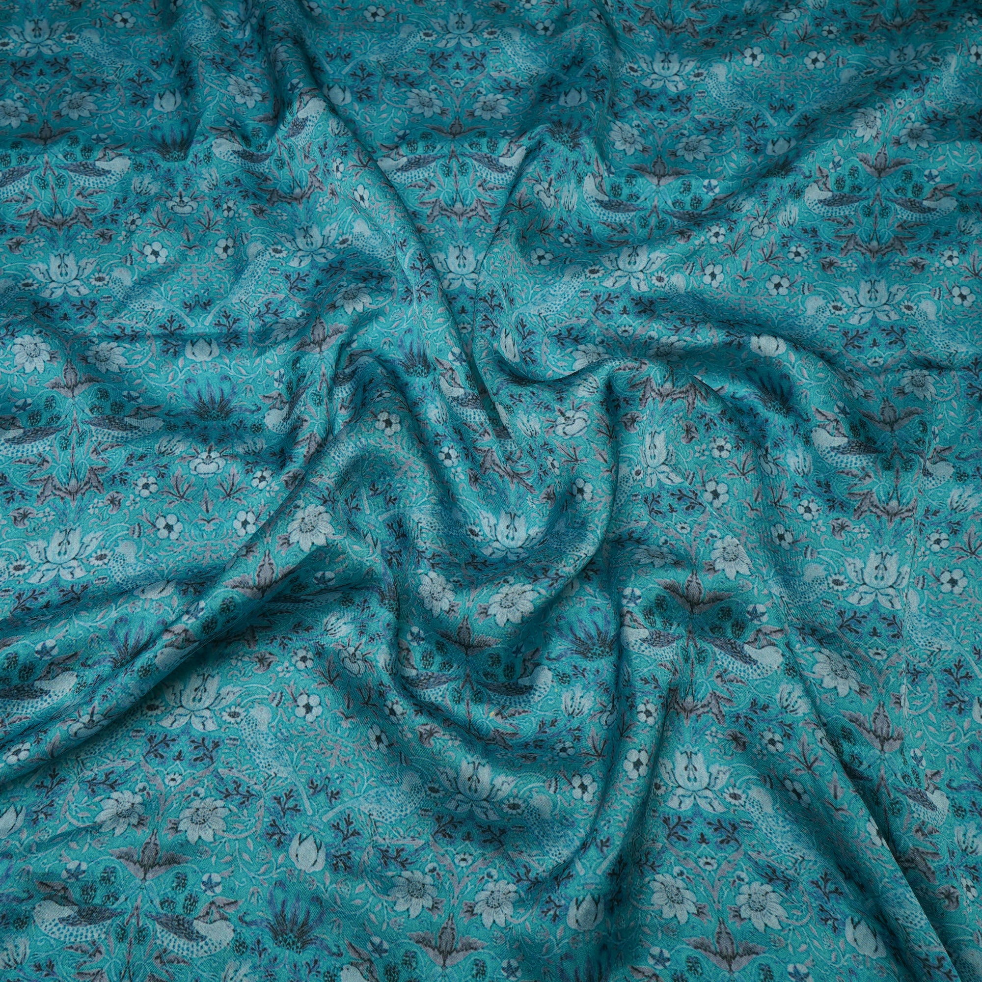 (Pre-Cut 2.20 Mtr)Sky Blue Floral Pattern Digital Print Satin Chiffon Fabric