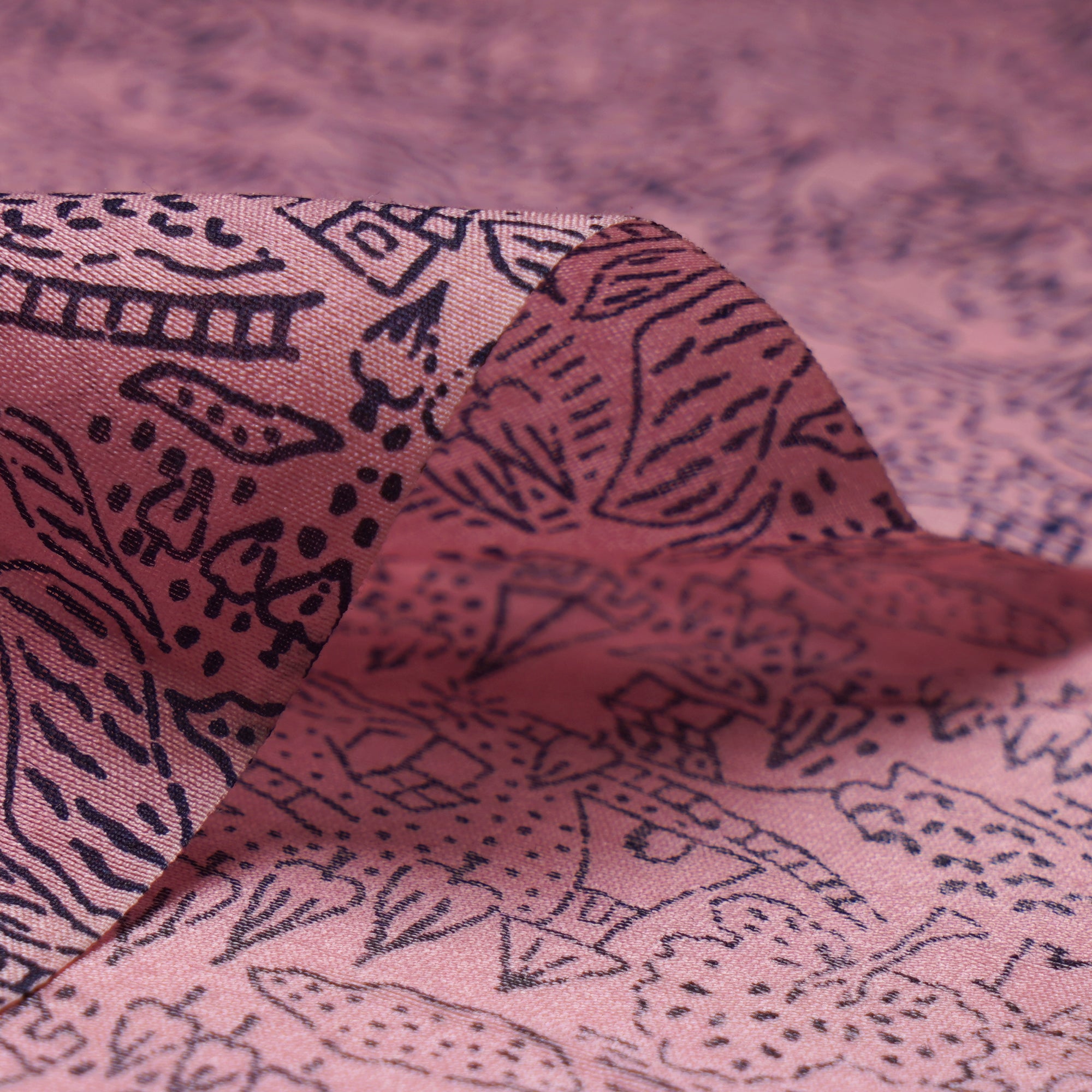 (Pre-Cut 0.70 Mtr)Light Pink-Black All Over Pattern Digital Print Fine Chanderi Fabric