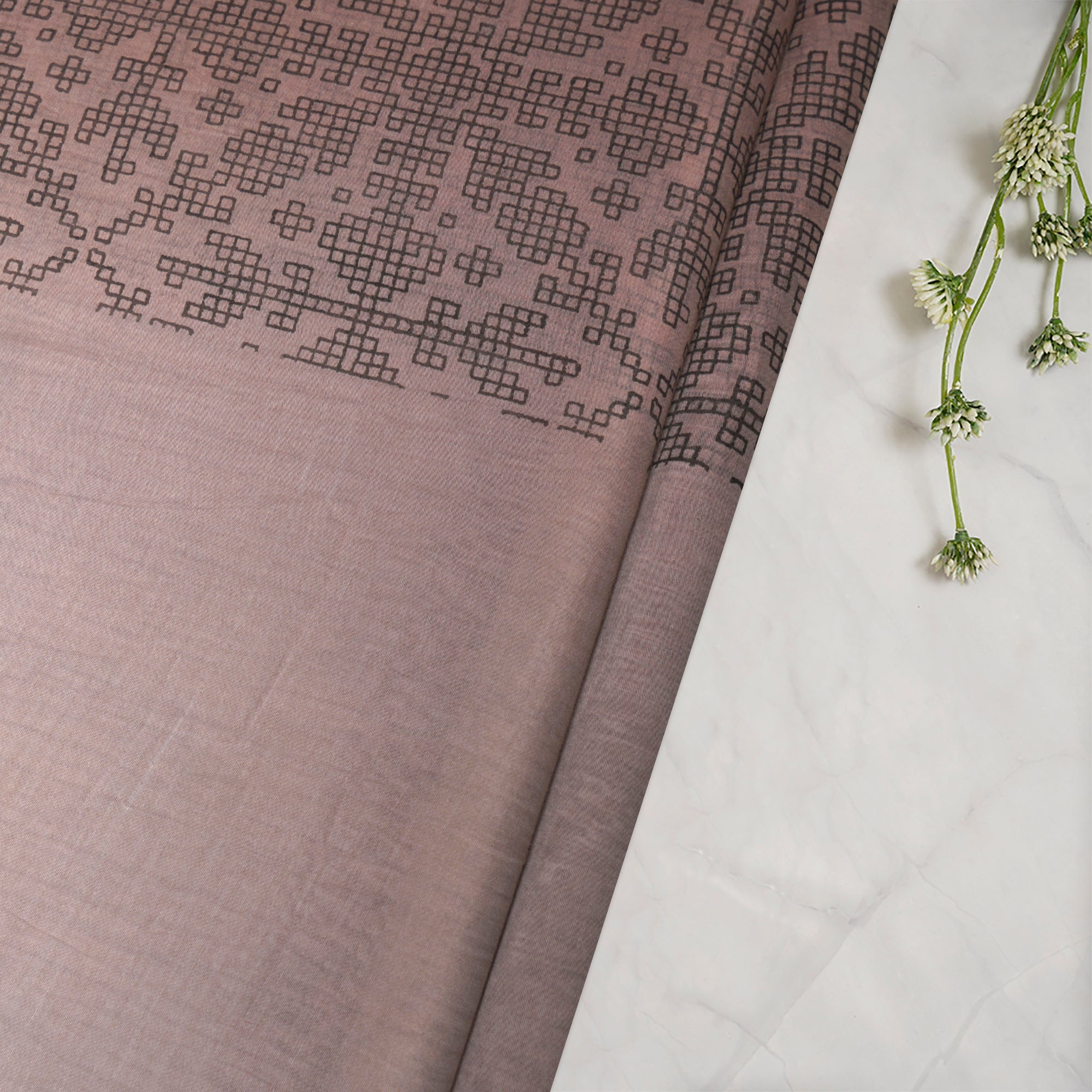 (Pre-Cut 2.80 Mtr)Dust Pink Gemetric Pattern Digital Print Fine Chanderi Fabric