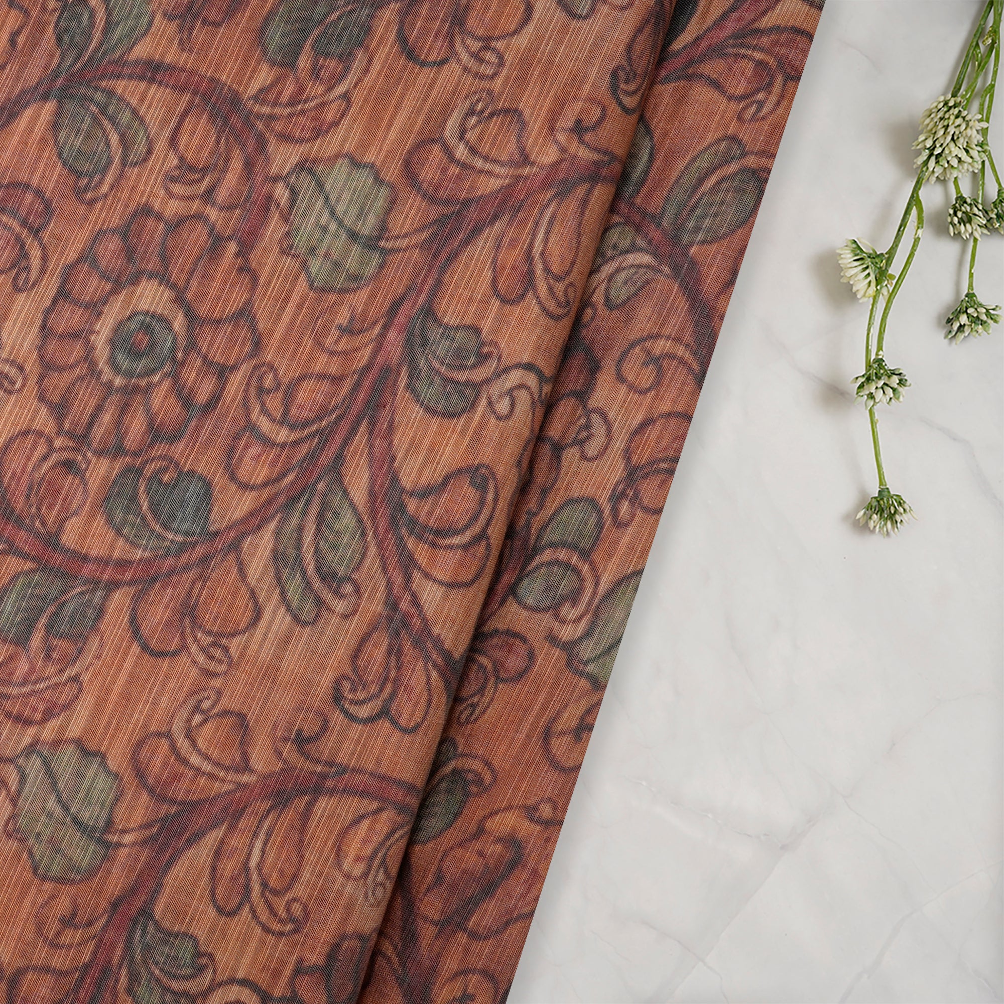 (Pre-Cut 4.25 Mtr)Brown Floral Pattern Digital Printed Silk Fabric