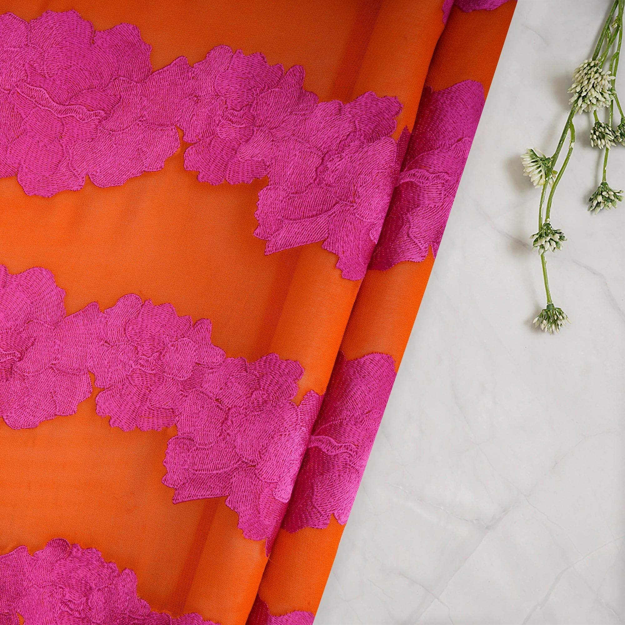 (Pre-Cut 0.50 Mtr) Orange-Pink Floral Pattern Thread Embroidered Silk Fabric