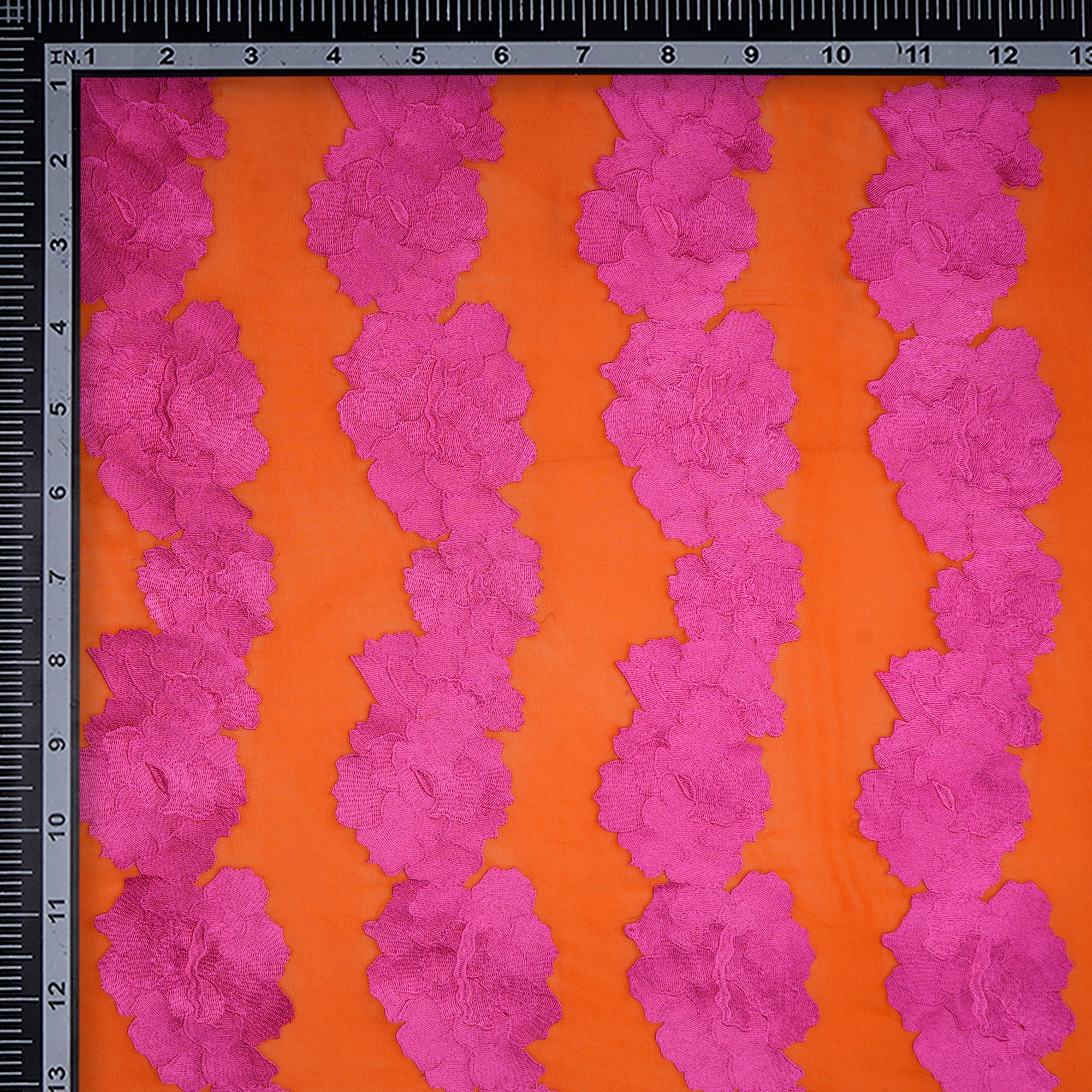 (Pre-Cut 0.50 Mtr) Orange-Pink Floral Pattern Thread Embroidered Silk Fabric