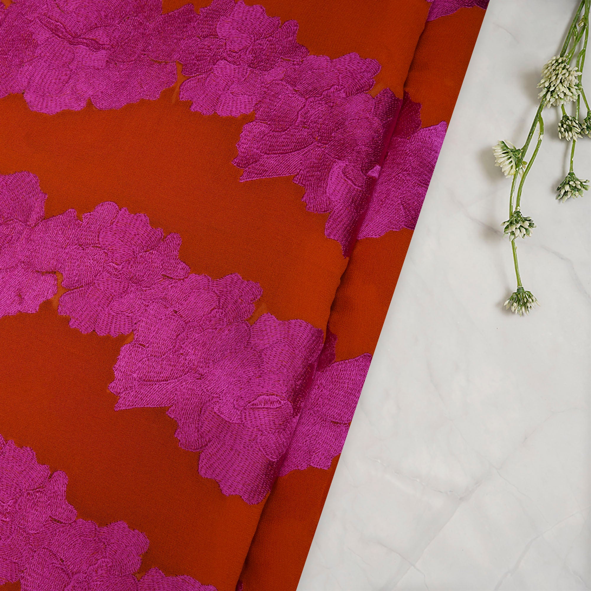 (Pre-Cut 2.80 Mtr)Pink-Orange Color Embroidered Georgette Silk Fabric