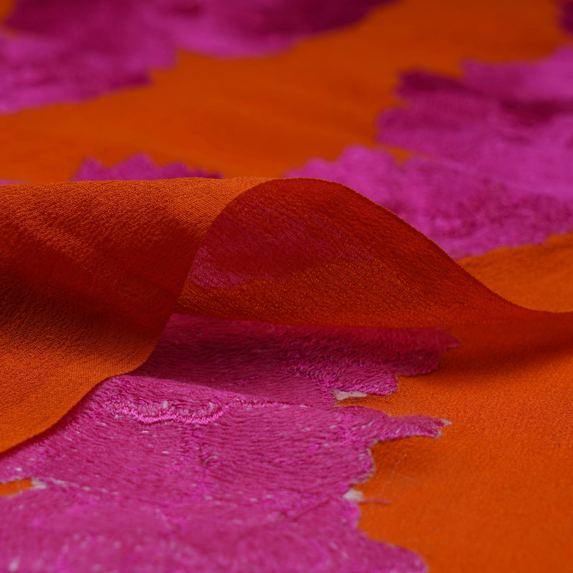 (Pre-Cut 2.80 Mtr)Pink-Orange Color Embroidered Georgette Silk Fabric