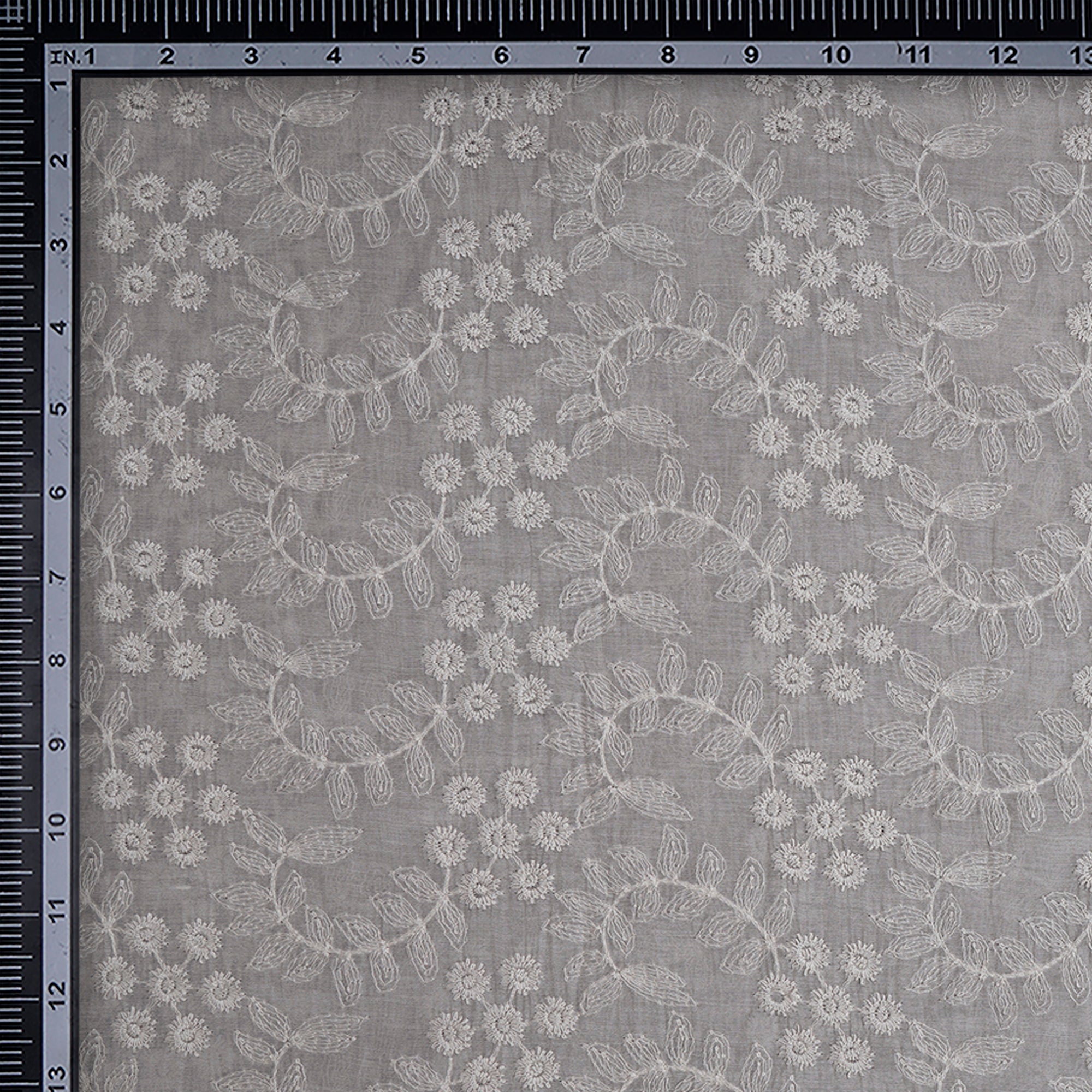 (Pre-Cut 3.20 Mtr)Grey All Over Pattern Thread Embroidered Fine Chanderi Fabric