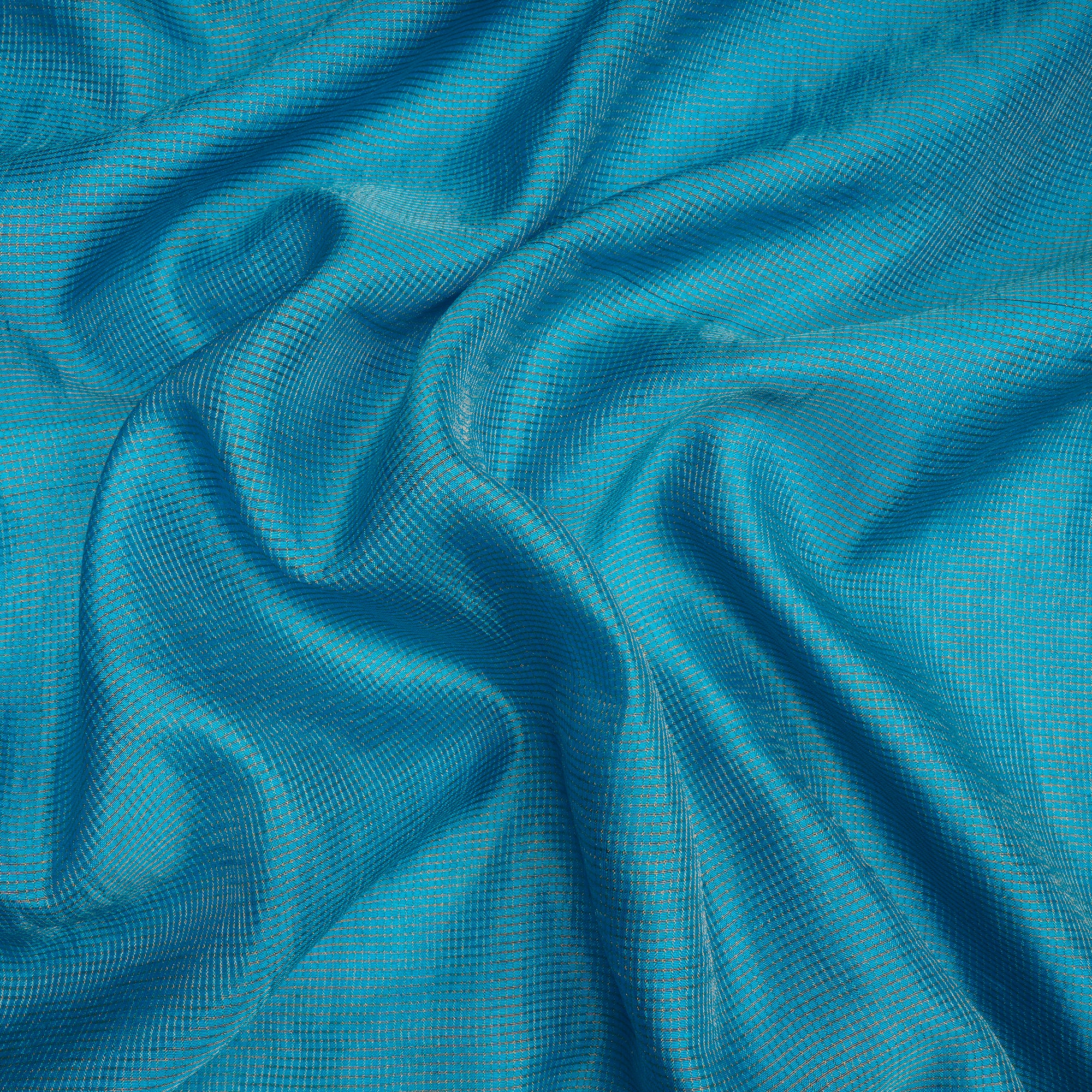 (Pre-Cut 1.90 Mtr) Blue Zari Checked Kota Dupion Silk Fabric