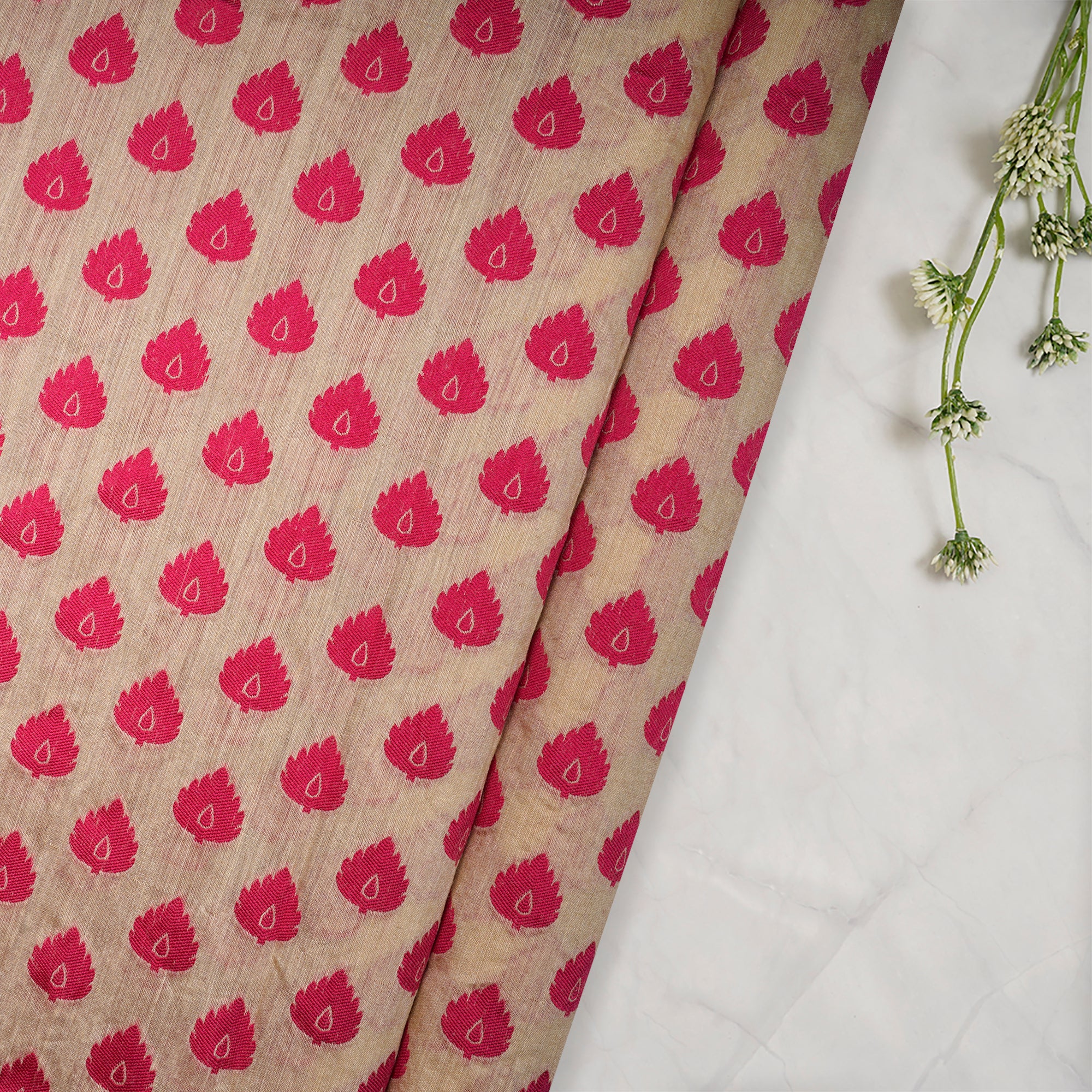 (Pre-Cut 2.08 Mtr)Beige-Pink Muga Silk Jacquard Fabric