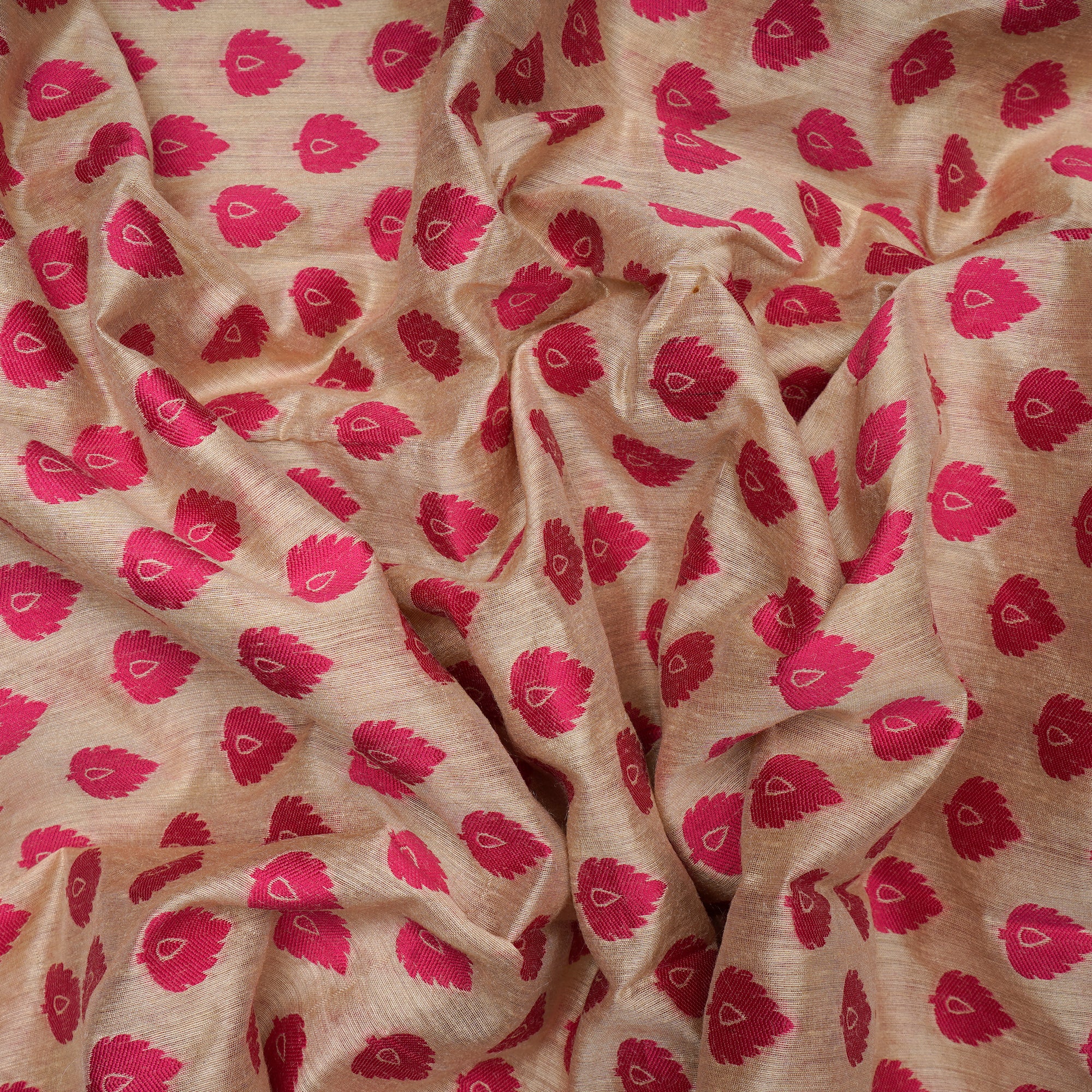 (Pre-Cut 2.08 Mtr)Beige-Pink Muga Silk Jacquard Fabric