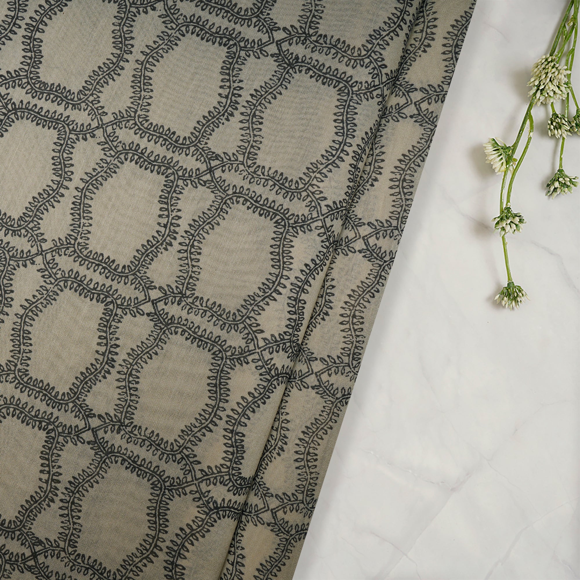 (Pre-Cut 2.30 Mtr)Beige-Black Color Printed Chanderi Fabric