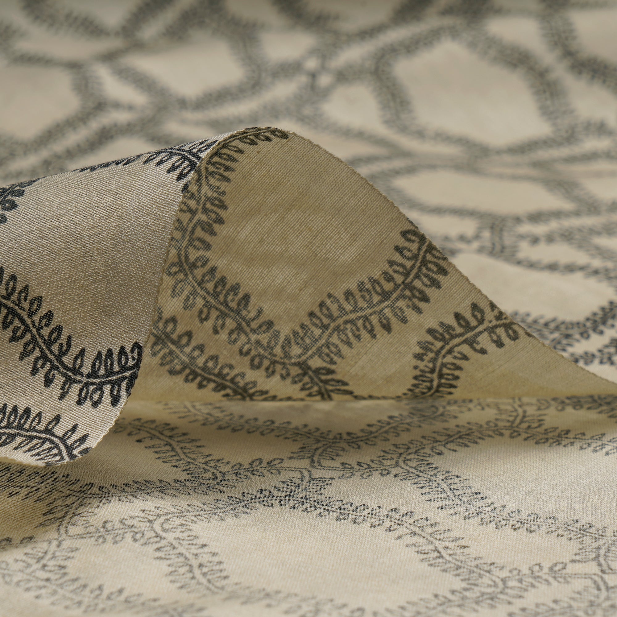 (Pre-Cut 2.30 Mtr)Beige-Black Color Printed Chanderi Fabric