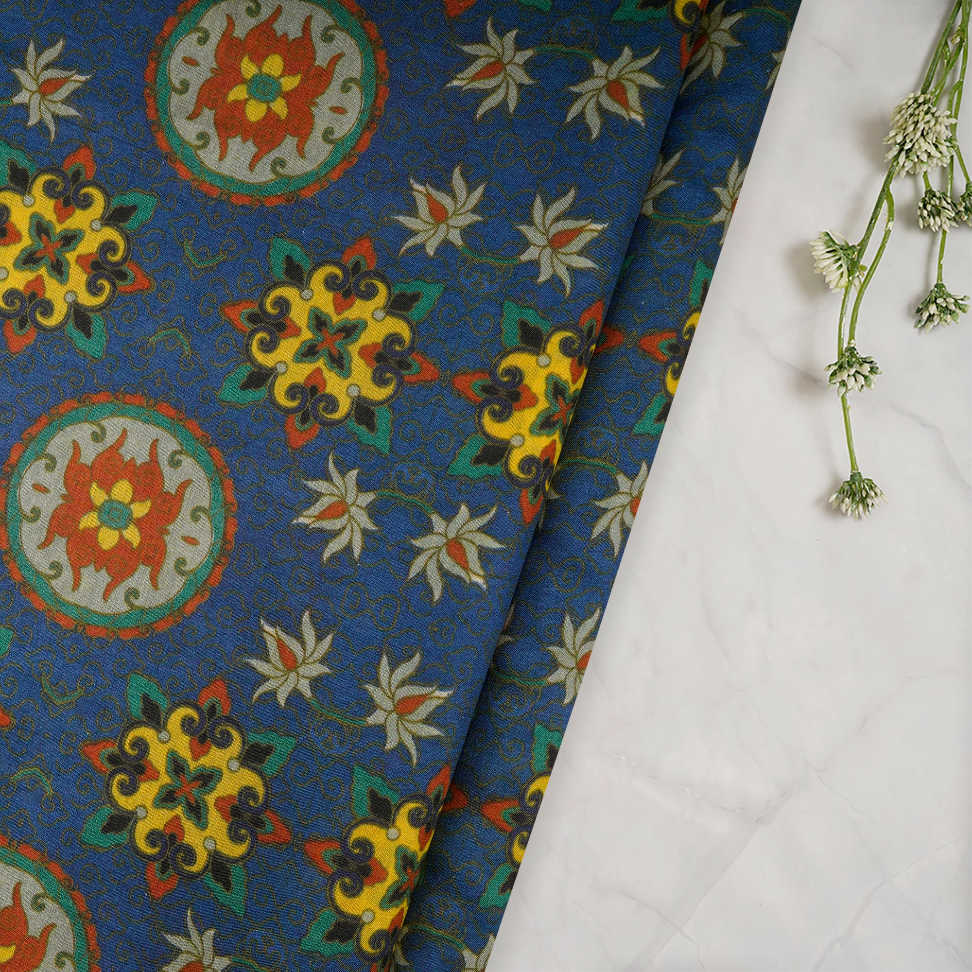 (Pre-Cut 1.90Mtr)Multi Color Digital Printed Tussar Muga Silk Fabric