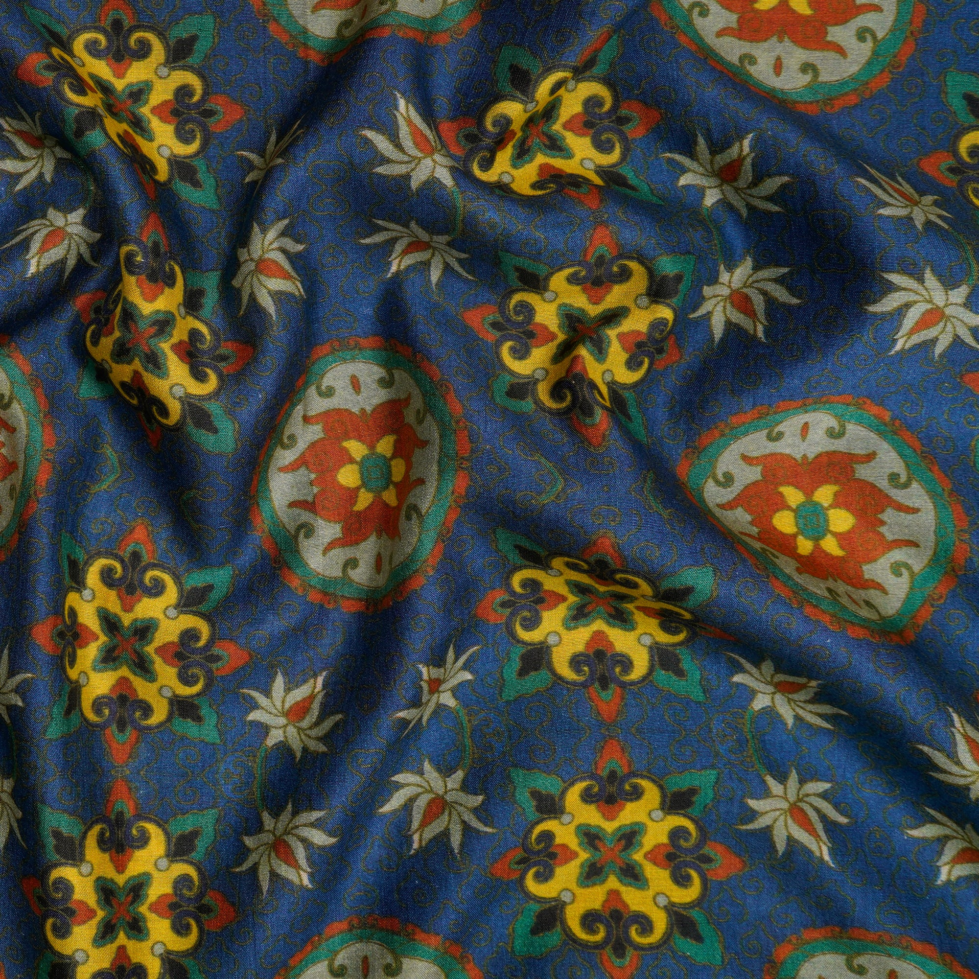 (Pre-Cut 1.90Mtr)Multi Color Digital Printed Tussar Muga Silk Fabric