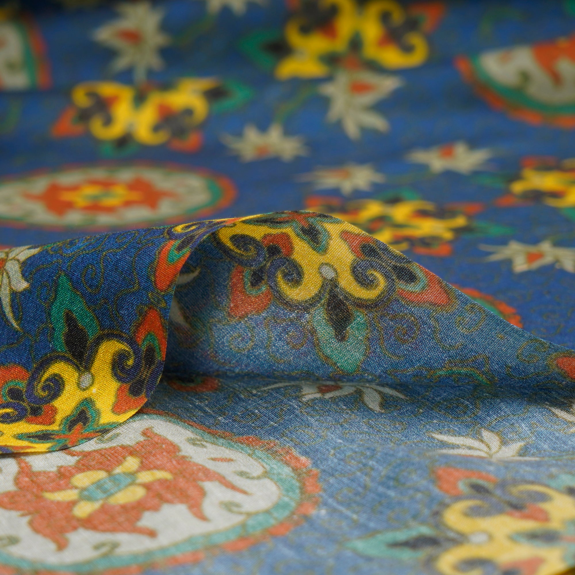 (Pre-Cut 1.90Mtr)Multi Color Digital Printed Tussar Muga Silk Fabric