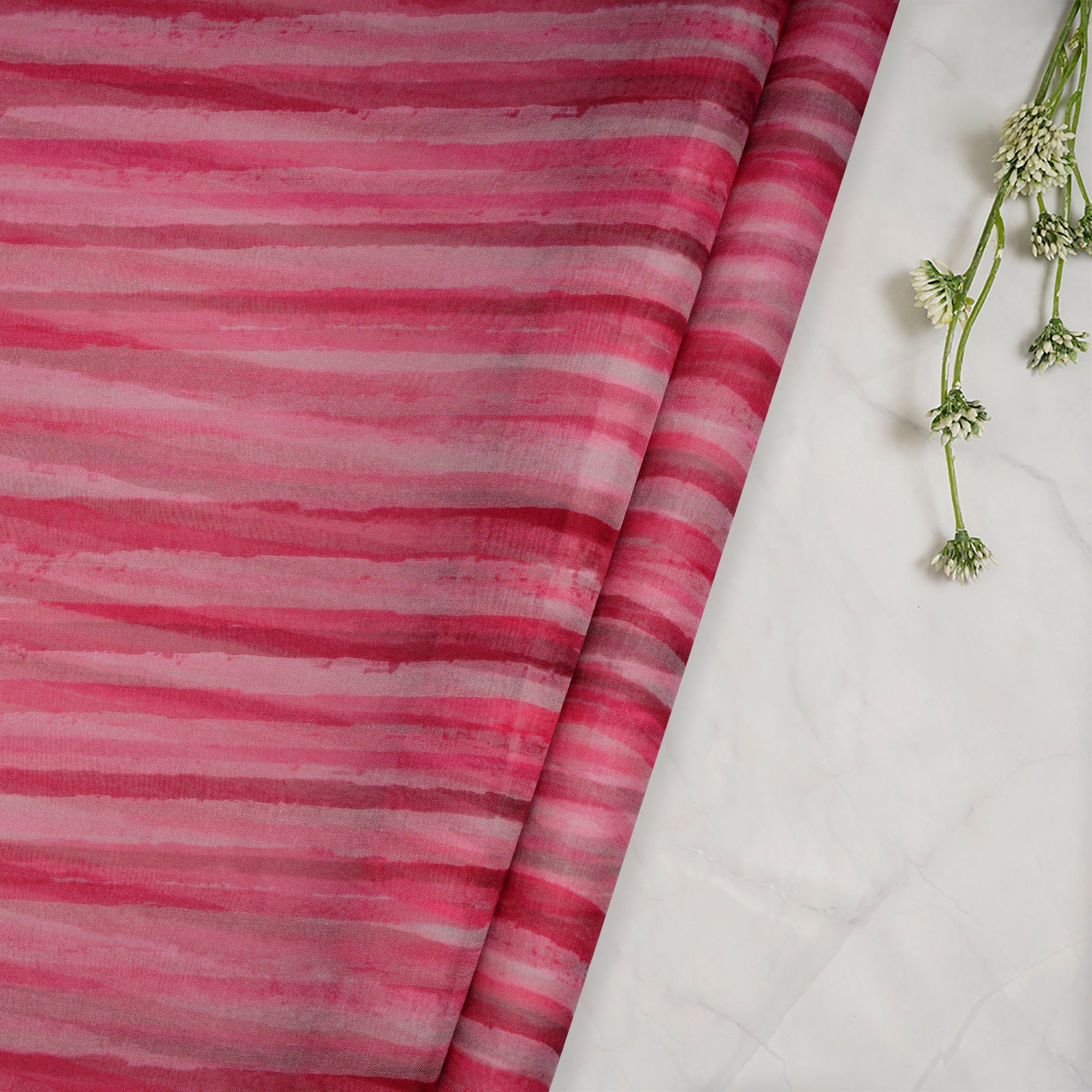 (Pre-Cut 3.15 Mtr)Pink Lehariya Pattern Organza Silk Fabric