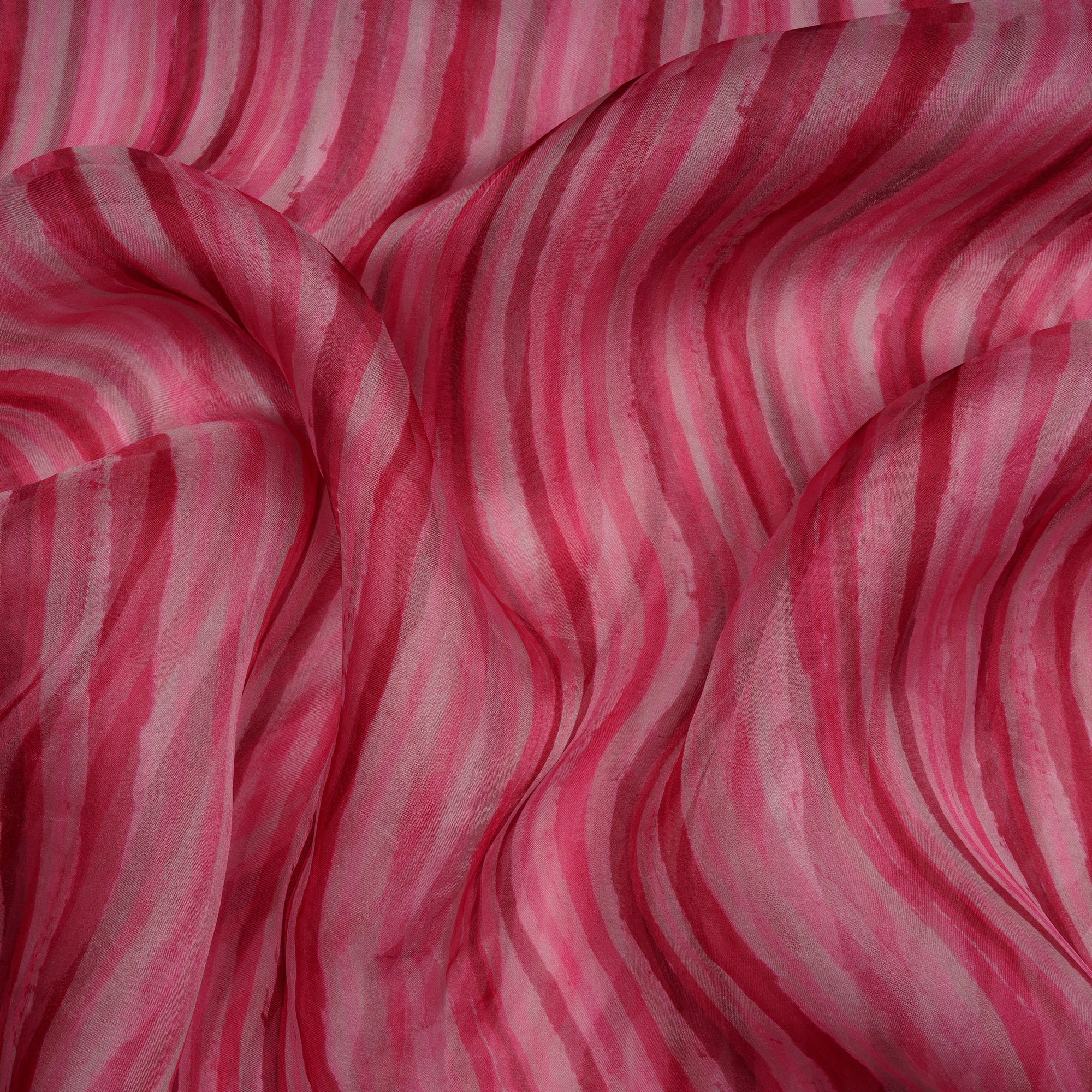 (Pre-Cut 3.15 Mtr)Pink Lehariya Pattern Organza Silk Fabric