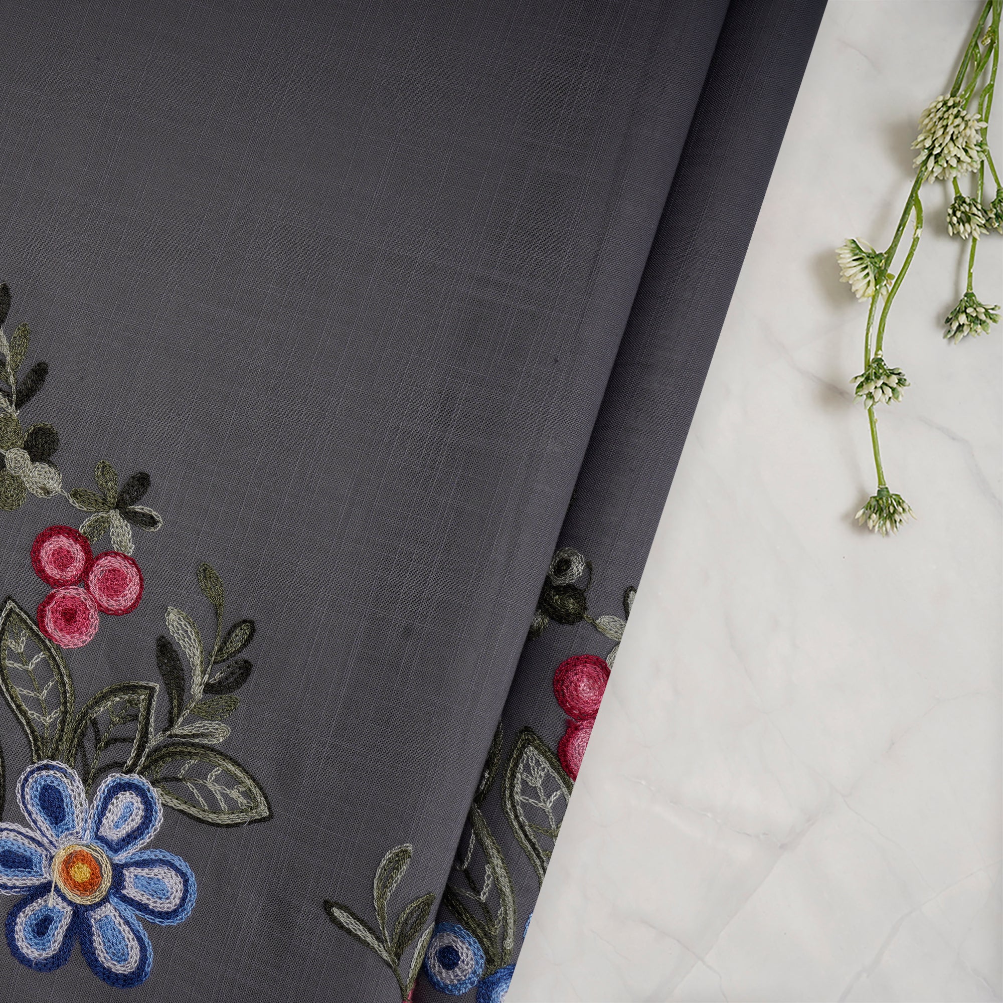 (Pre-Cut 0.90 Mtr) Grey Floral Pattern Thread Embroidered Cotton Fabric