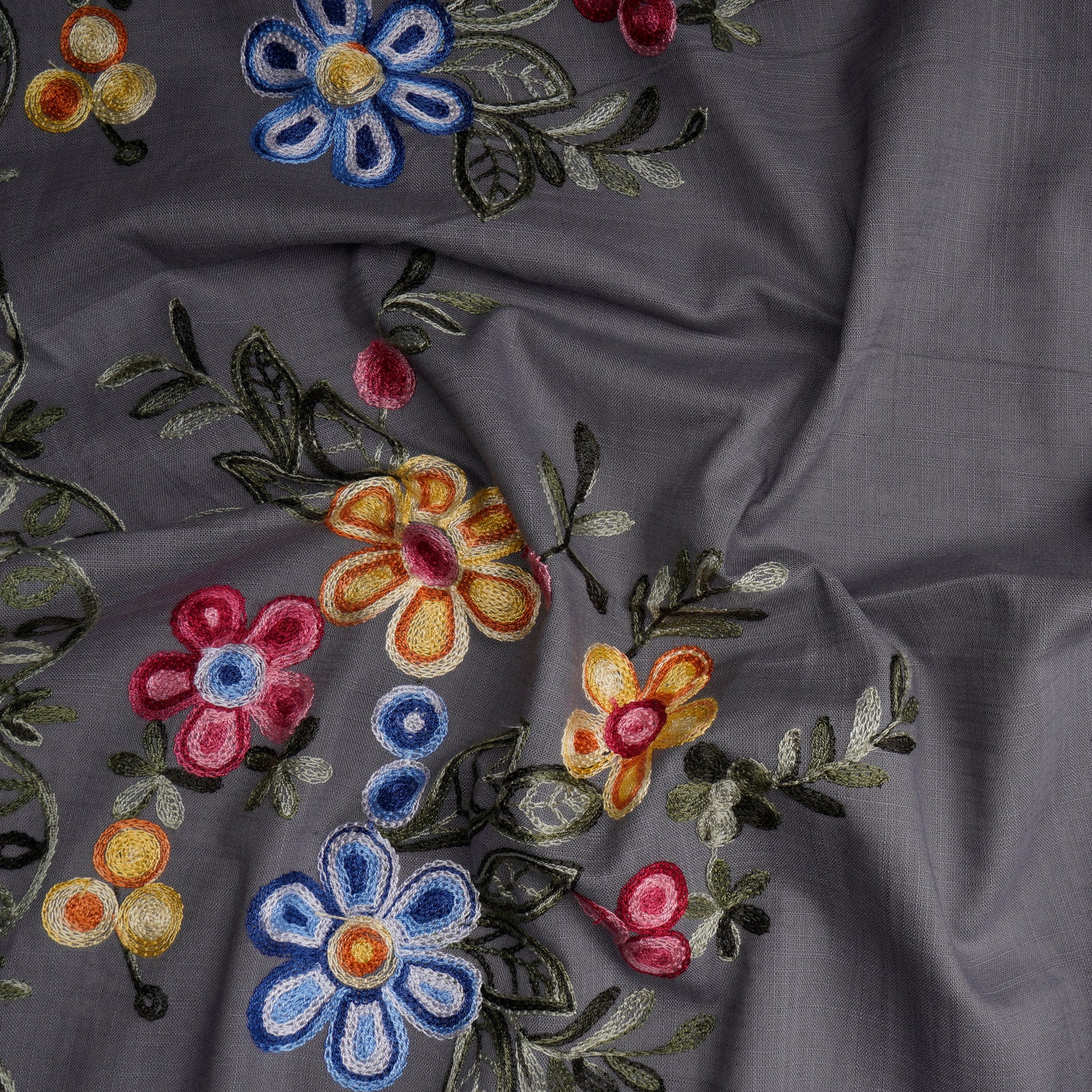 (Pre-Cut 0.90 Mtr) Grey Floral Pattern Thread Embroidered Cotton Fabric