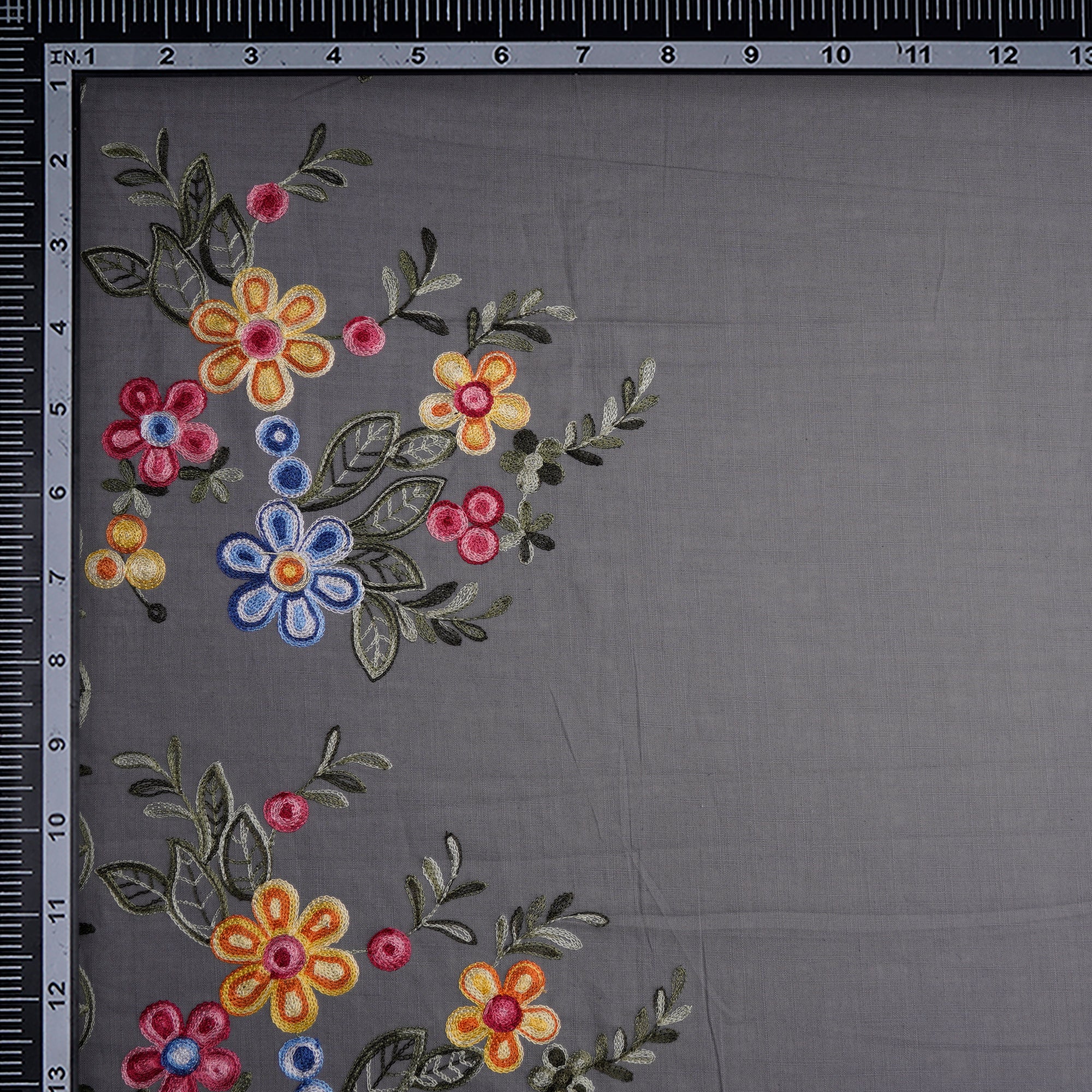 (Pre-Cut 0.90 Mtr) Grey Floral Pattern Thread Embroidered Cotton Fabric