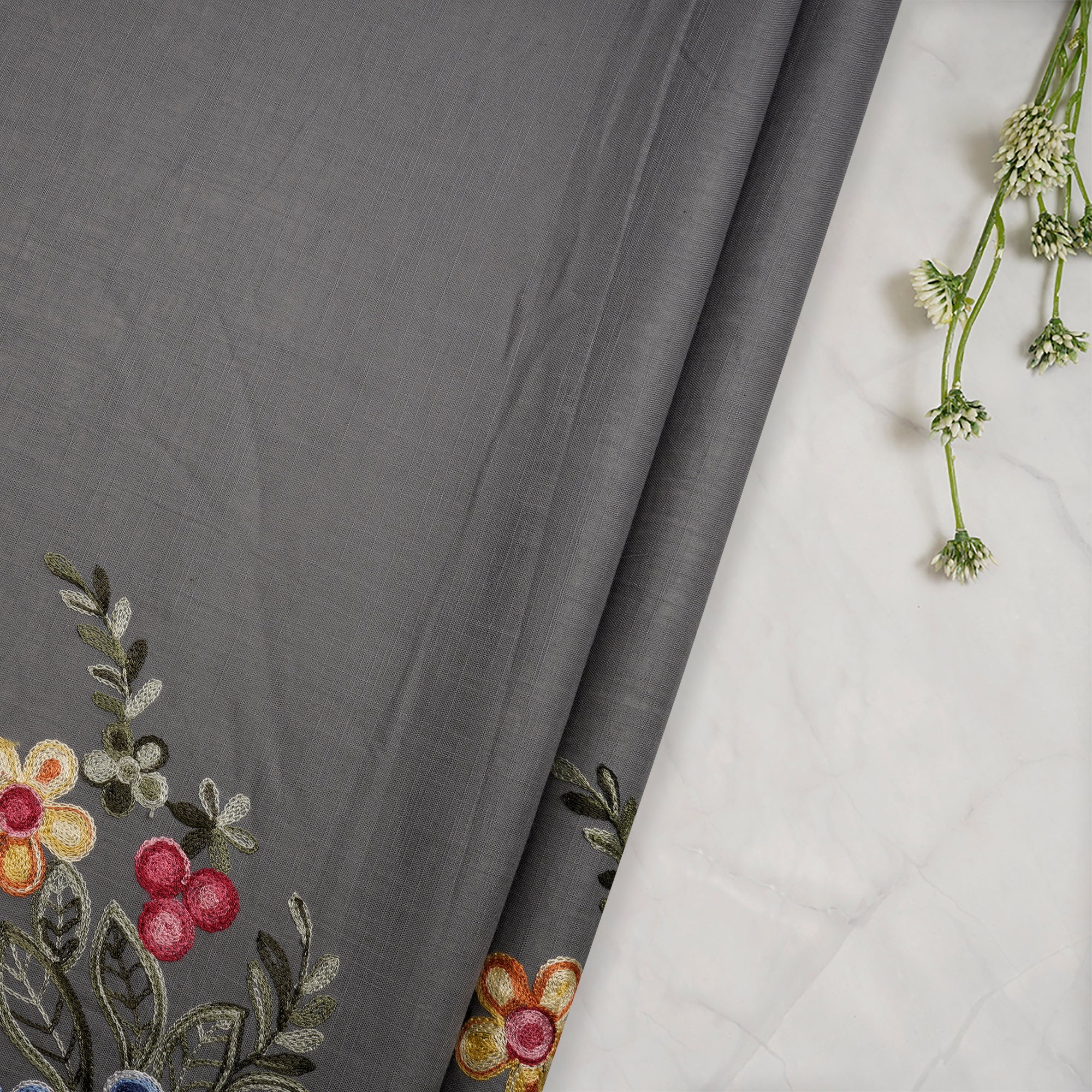 (Pre-Cut 1.00 Mtr)Grey Floral Pattern Thread Embroidered Cotton Fabric