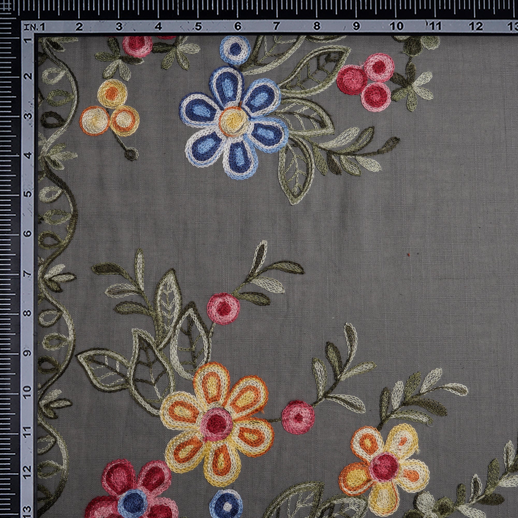 (Pre-Cut 1.00 Mtr)Grey Floral Pattern Thread Embroidered Cotton Fabric