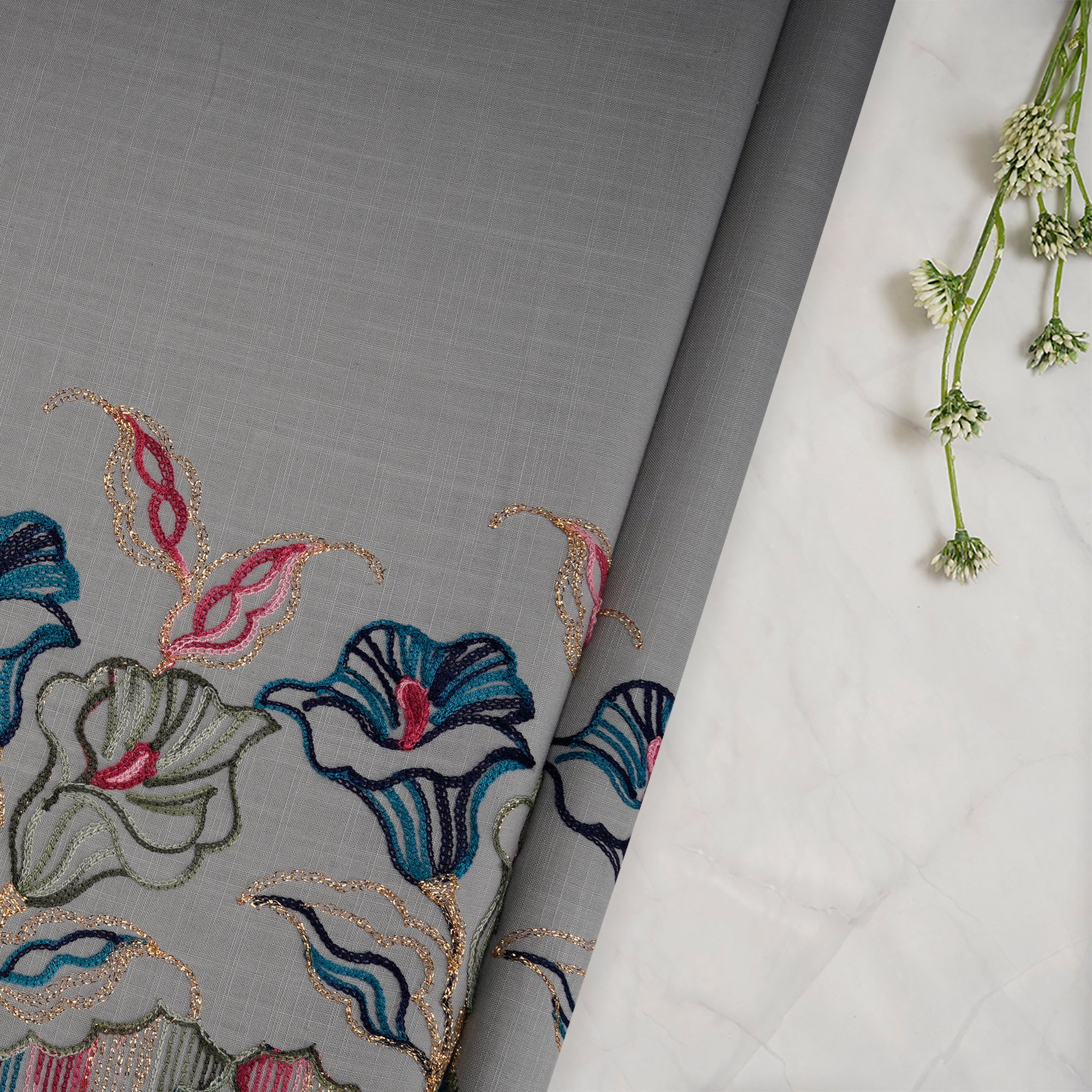 (Pre-Cut 1.00 Mtr)Light Grey Thread Embroidered Cotton Slub Fabric