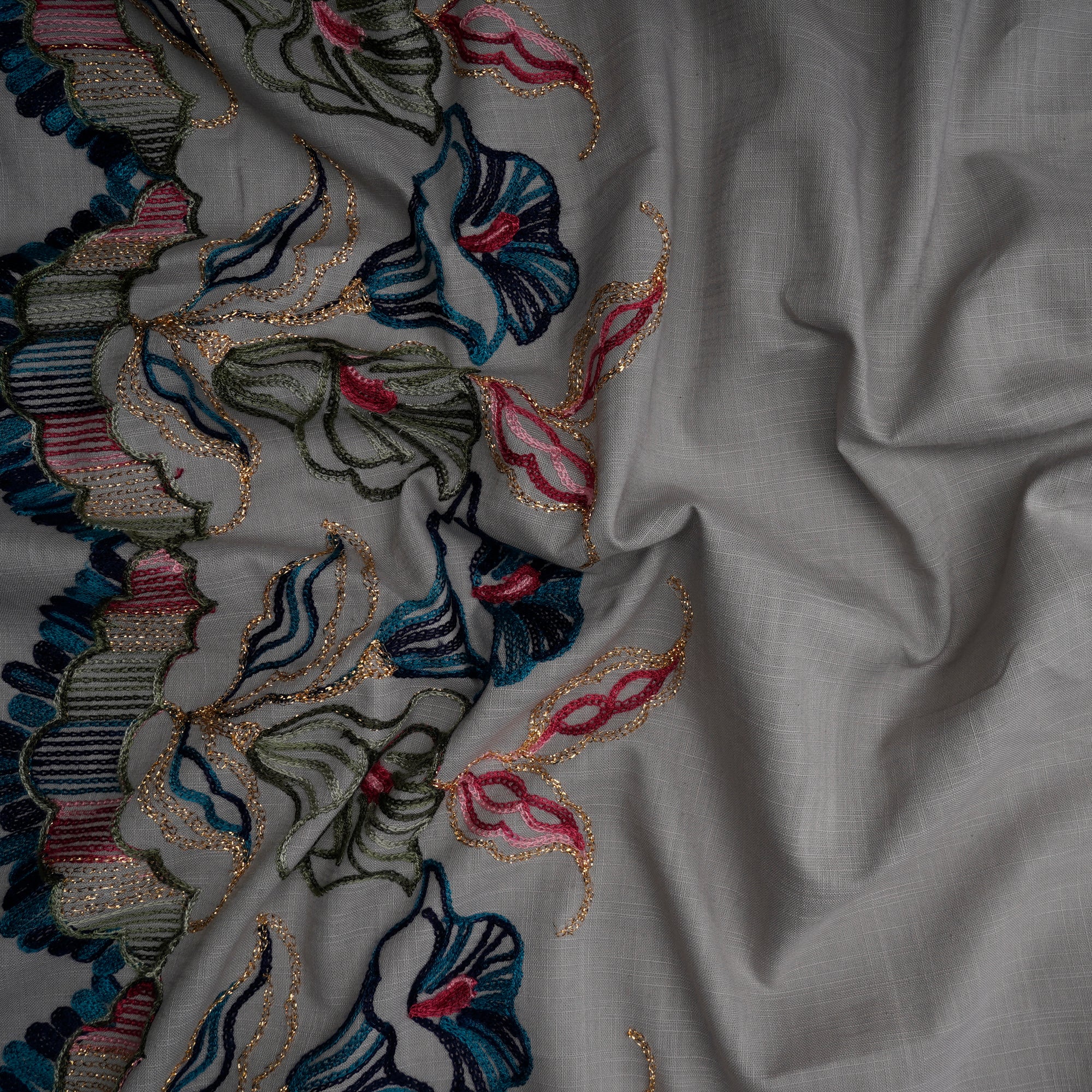 (Pre-Cut 1.00 Mtr)Light Grey Thread Embroidered Cotton Slub Fabric