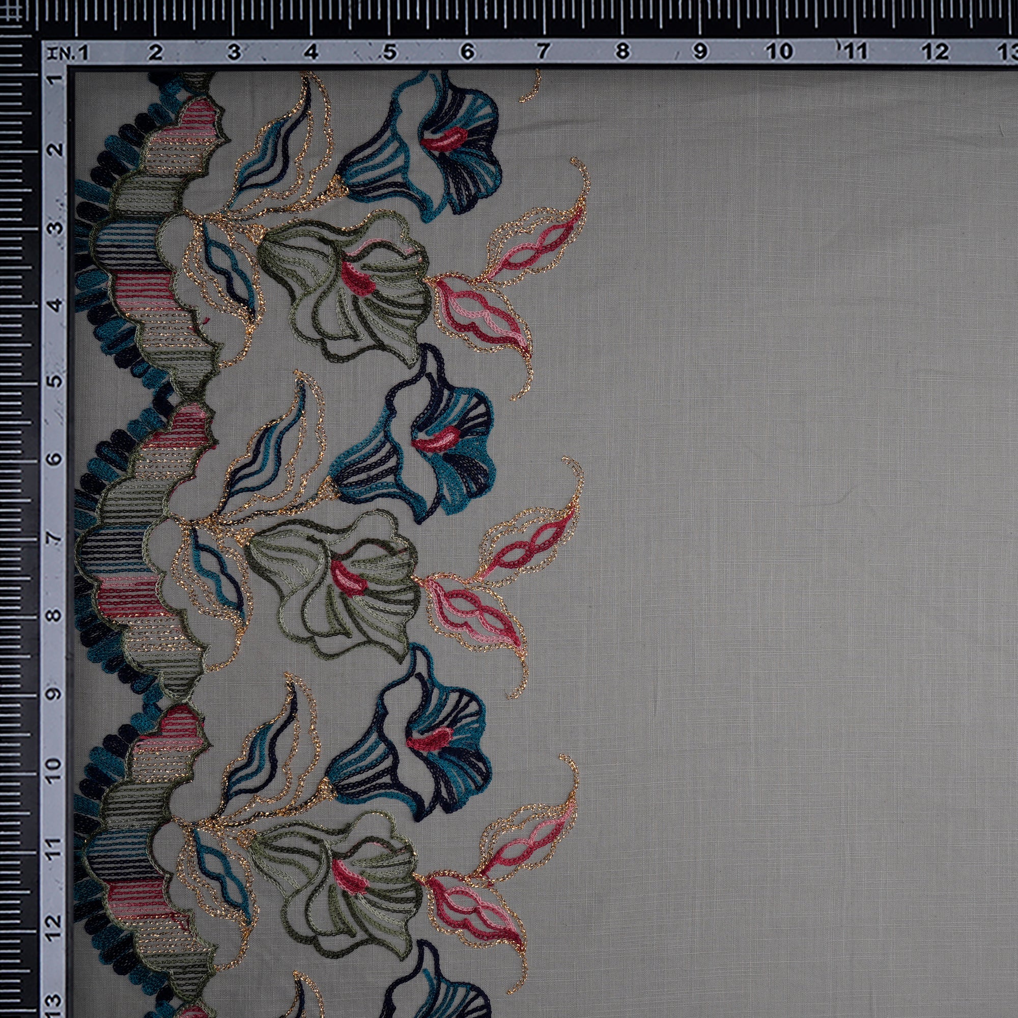 (Pre-Cut 1.00 Mtr)Light Grey Thread Embroidered Cotton Slub Fabric