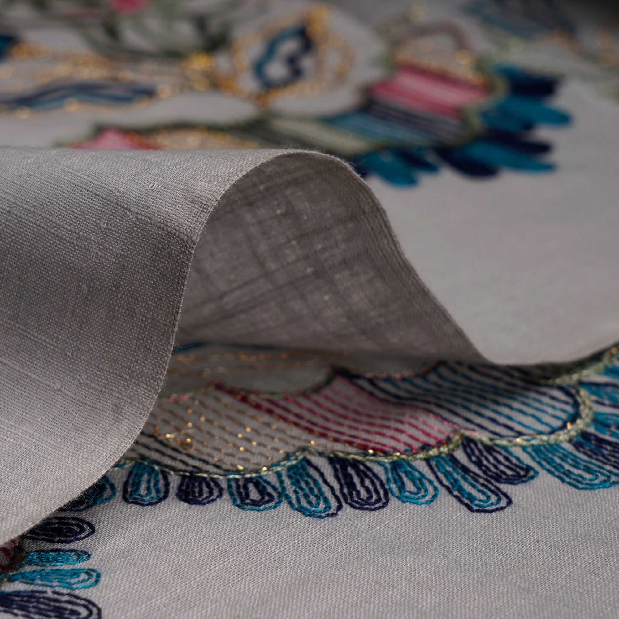 (Pre-Cut 1.00 Mtr)Light Grey Thread Embroidered Cotton Slub Fabric