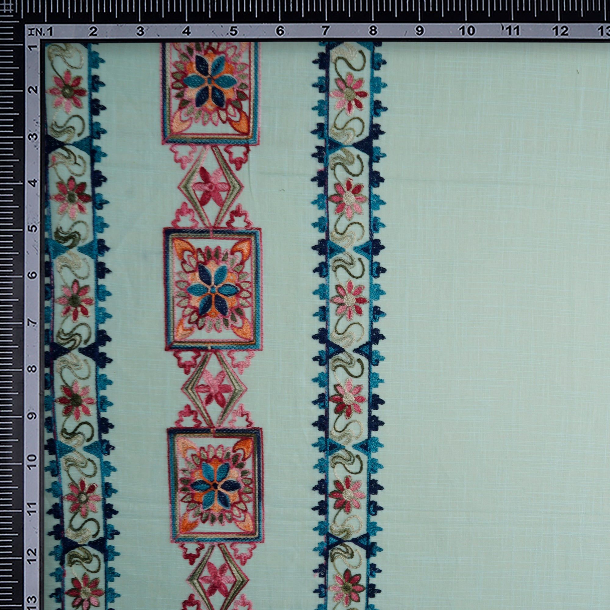 (Pre-Cut 1.00 Mtr) Celadon Floral Pattern Thread Embroidered Cotton Fabric