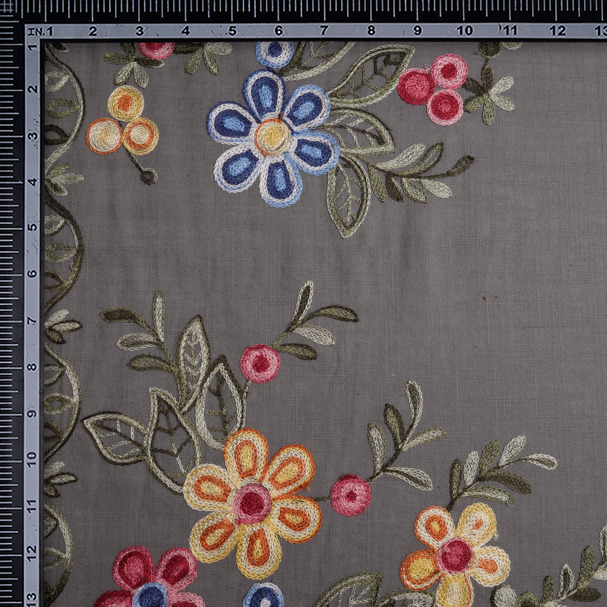 (Pre-Cut 1.10 Mtr)Grey Thread Embroidered Cotton Fabric