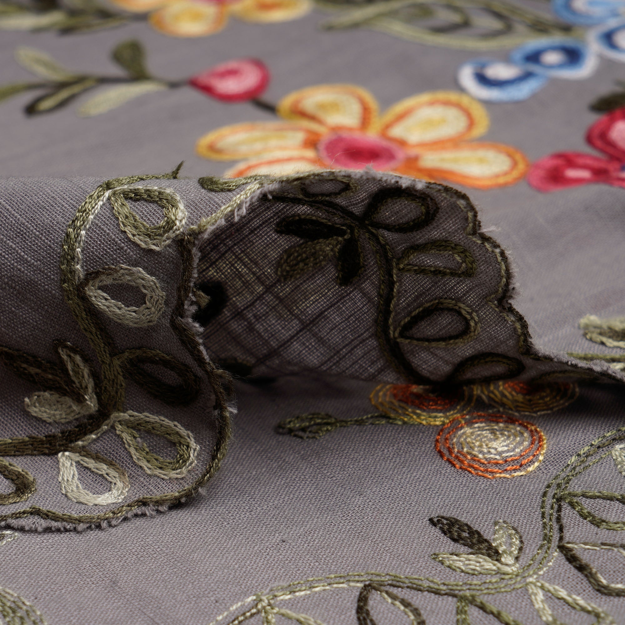 (Pre-Cut 1.10 Mtr)Grey Thread Embroidered Cotton Fabric