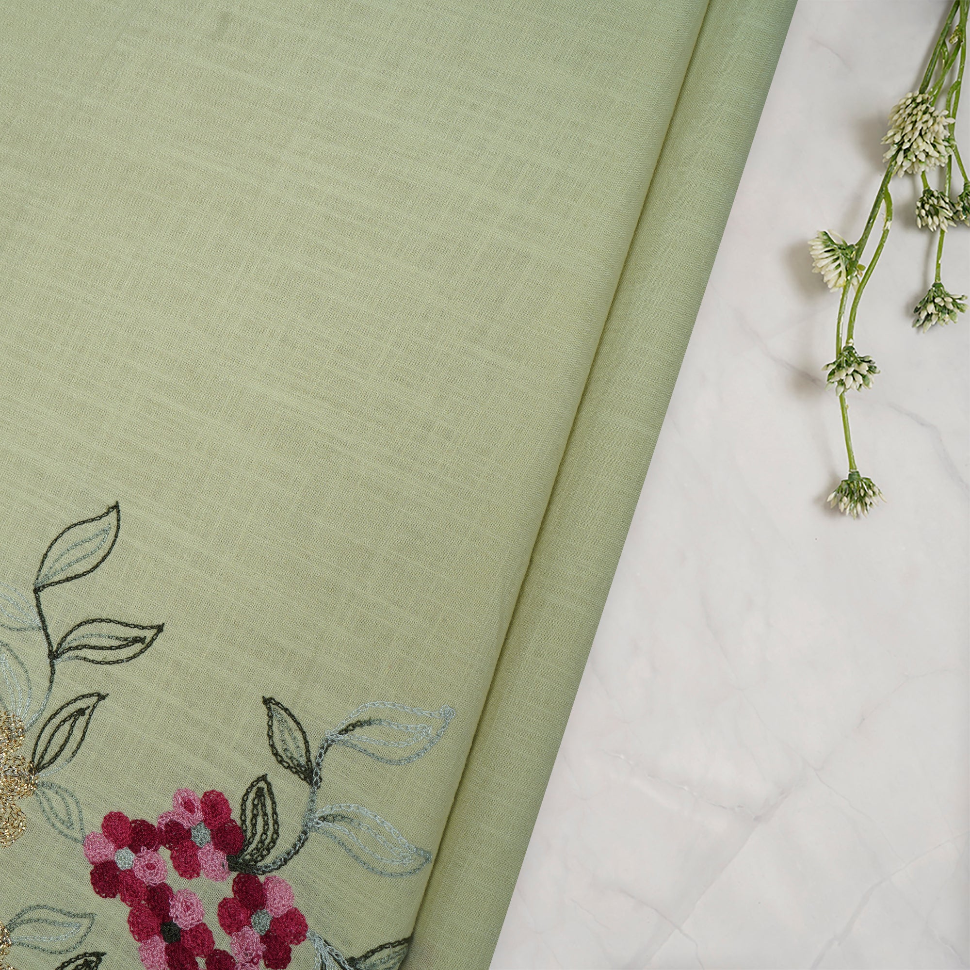 (Pre-Cut 1.40 Mtr)Multi Color Embroidered Cotton Fabric