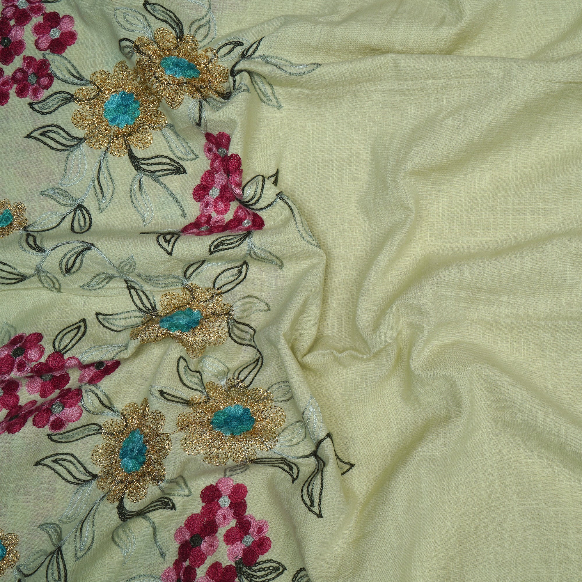 (Pre-Cut 1.40 Mtr)Multi Color Embroidered Cotton Fabric