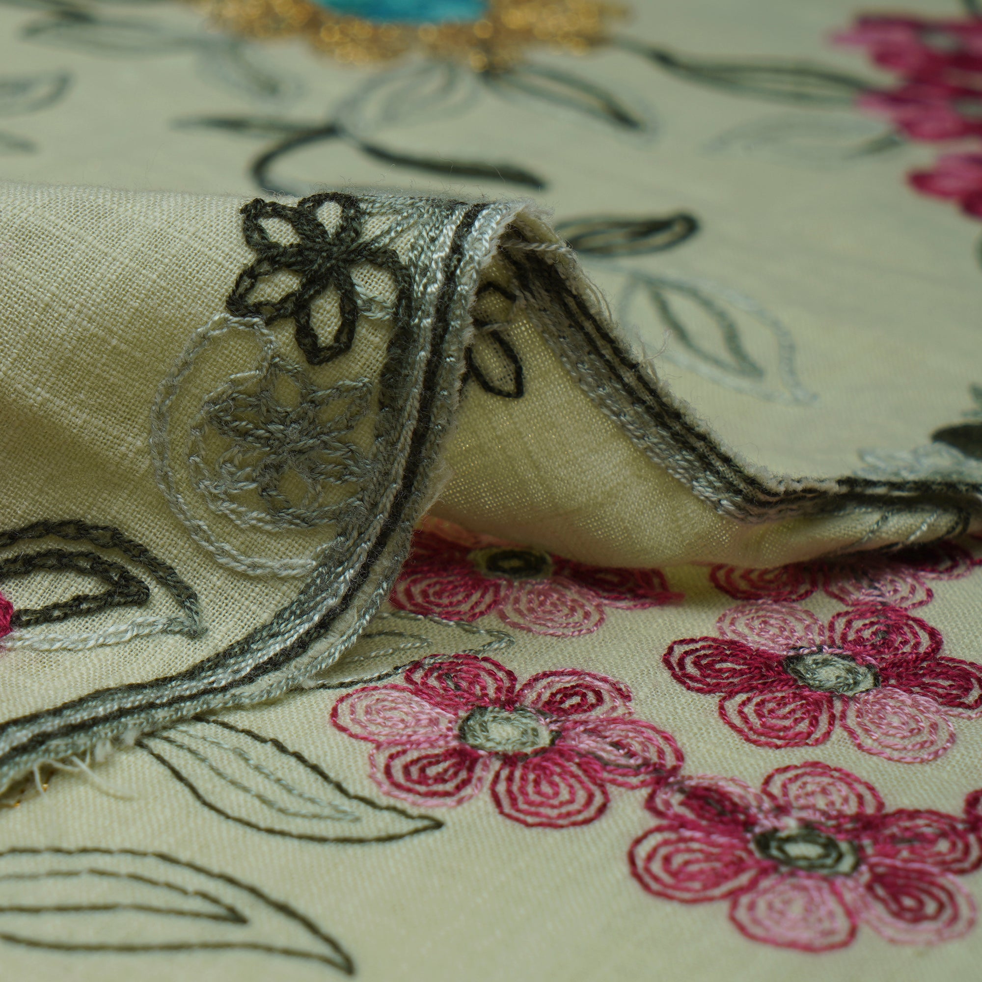 (Pre-Cut 1.40 Mtr)Multi Color Embroidered Cotton Fabric