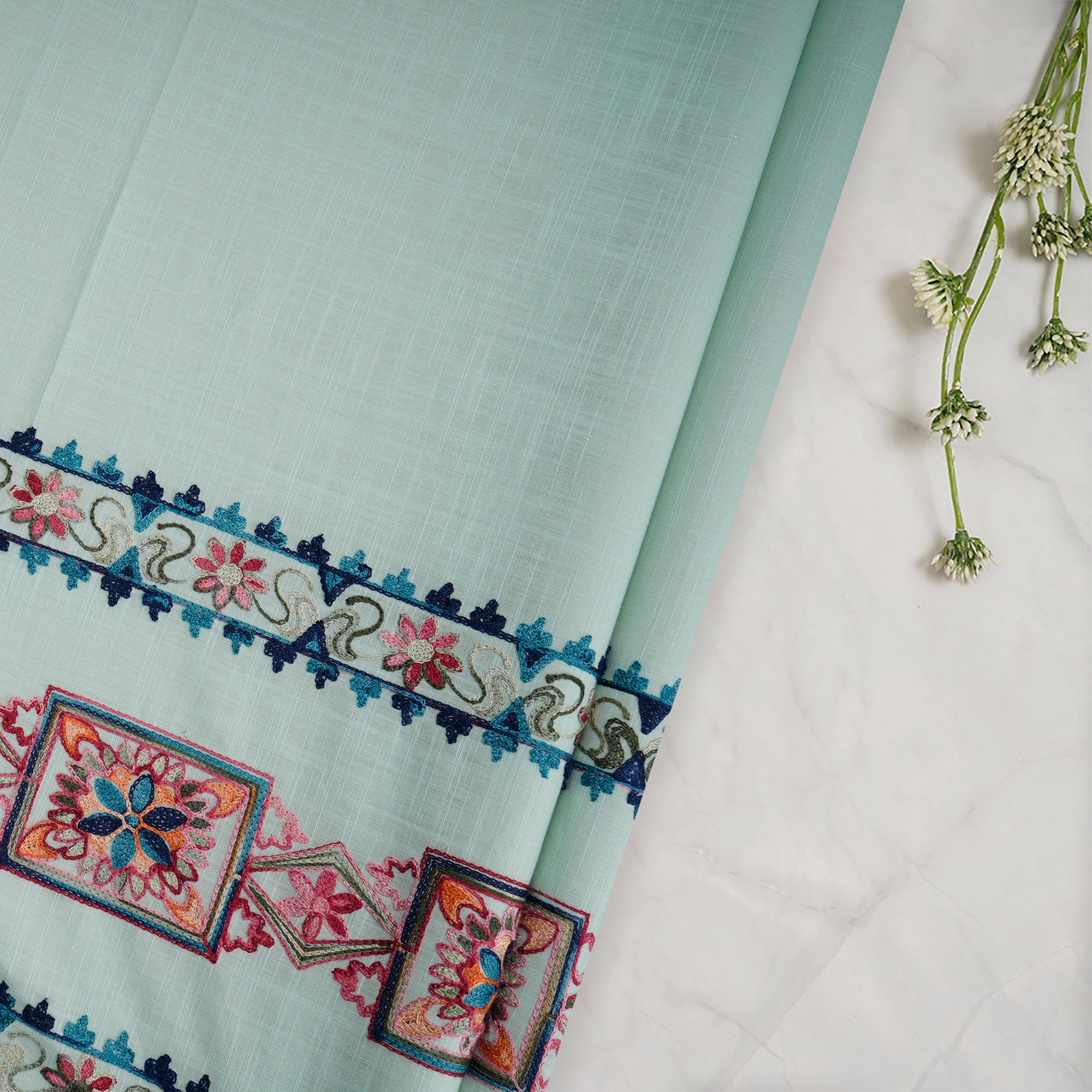 (Pre-Cut 1.50 Mtr)Sage Green Color Embroidered Cotton Fabric
