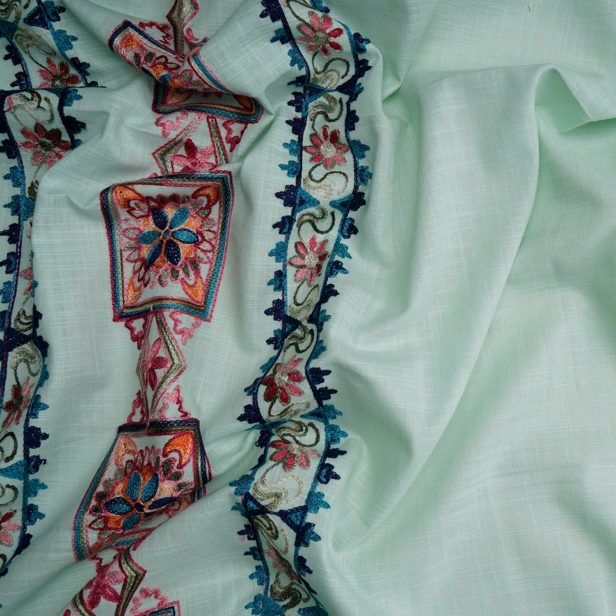 (Pre-Cut 1.50 Mtr)Sage Green Color Embroidered Cotton Fabric
