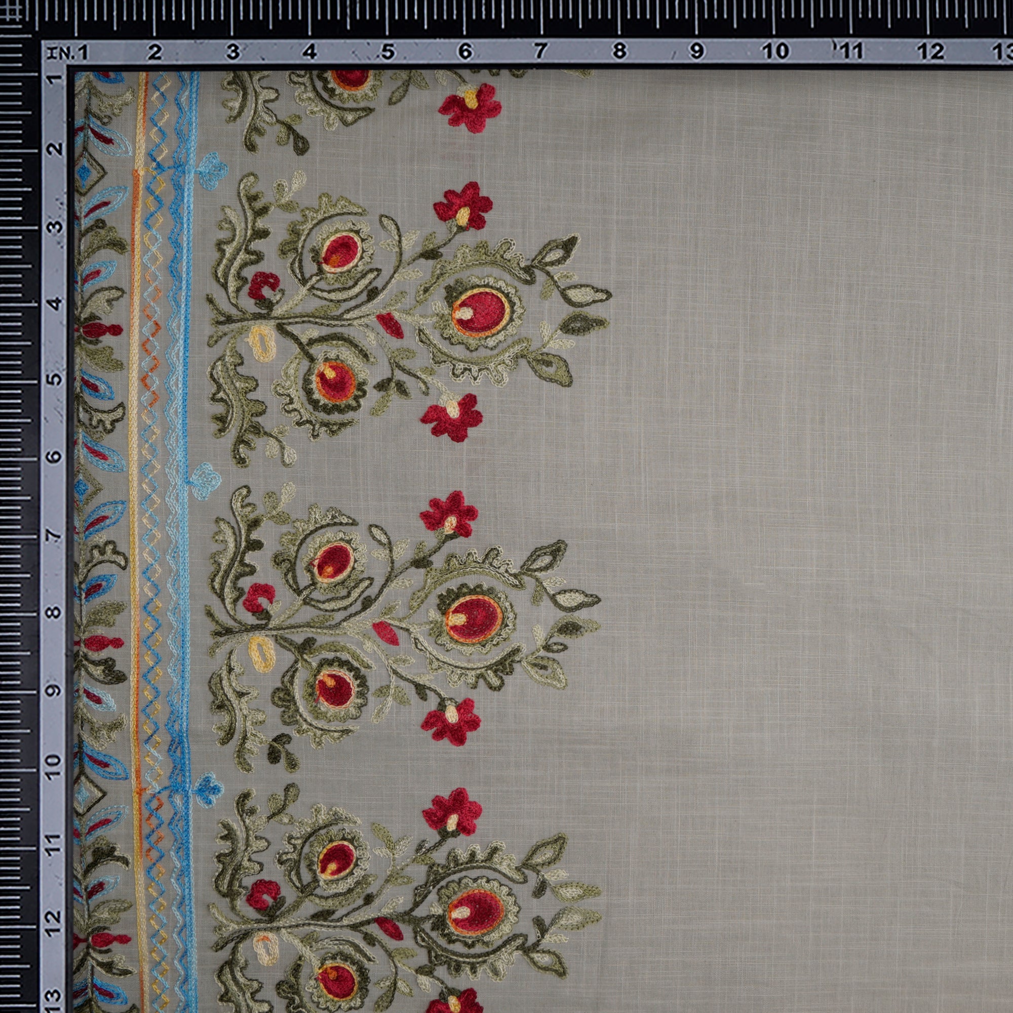 (Pre-Cut 3.00 Mtr) Grey Floral Border Pattern Thread Embroidered Cotton Fabric