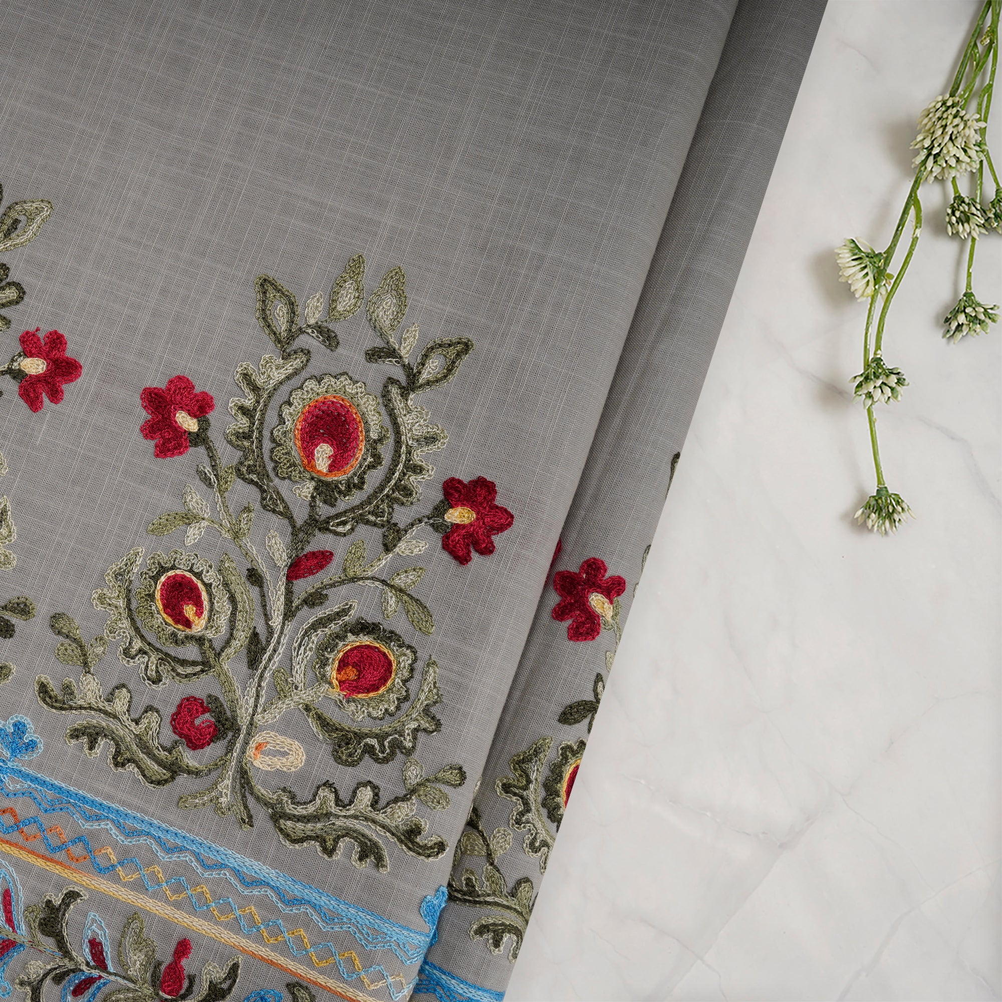 (Pre-Cut 3.30 Mtr)Multi Color Embroidered Cotton Fabric