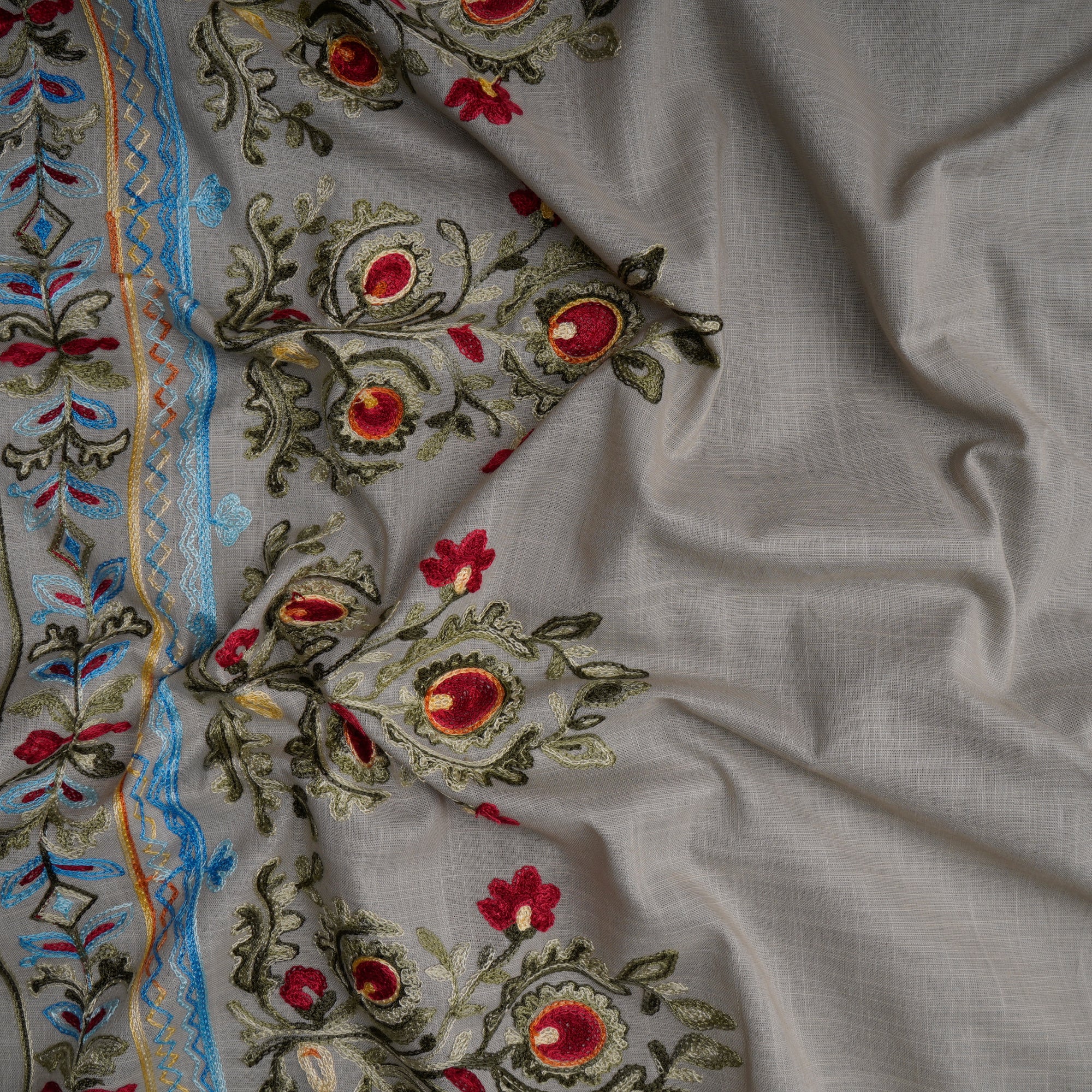 (Pre-Cut 3.30 Mtr)Multi Color Embroidered Cotton Fabric