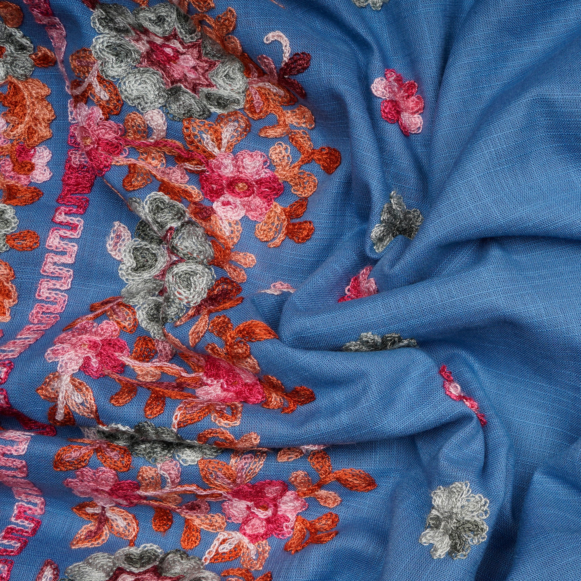 (Pre-Cut 3.70 Mtr)Multi Color Embroidered Cotton Slub Fabric