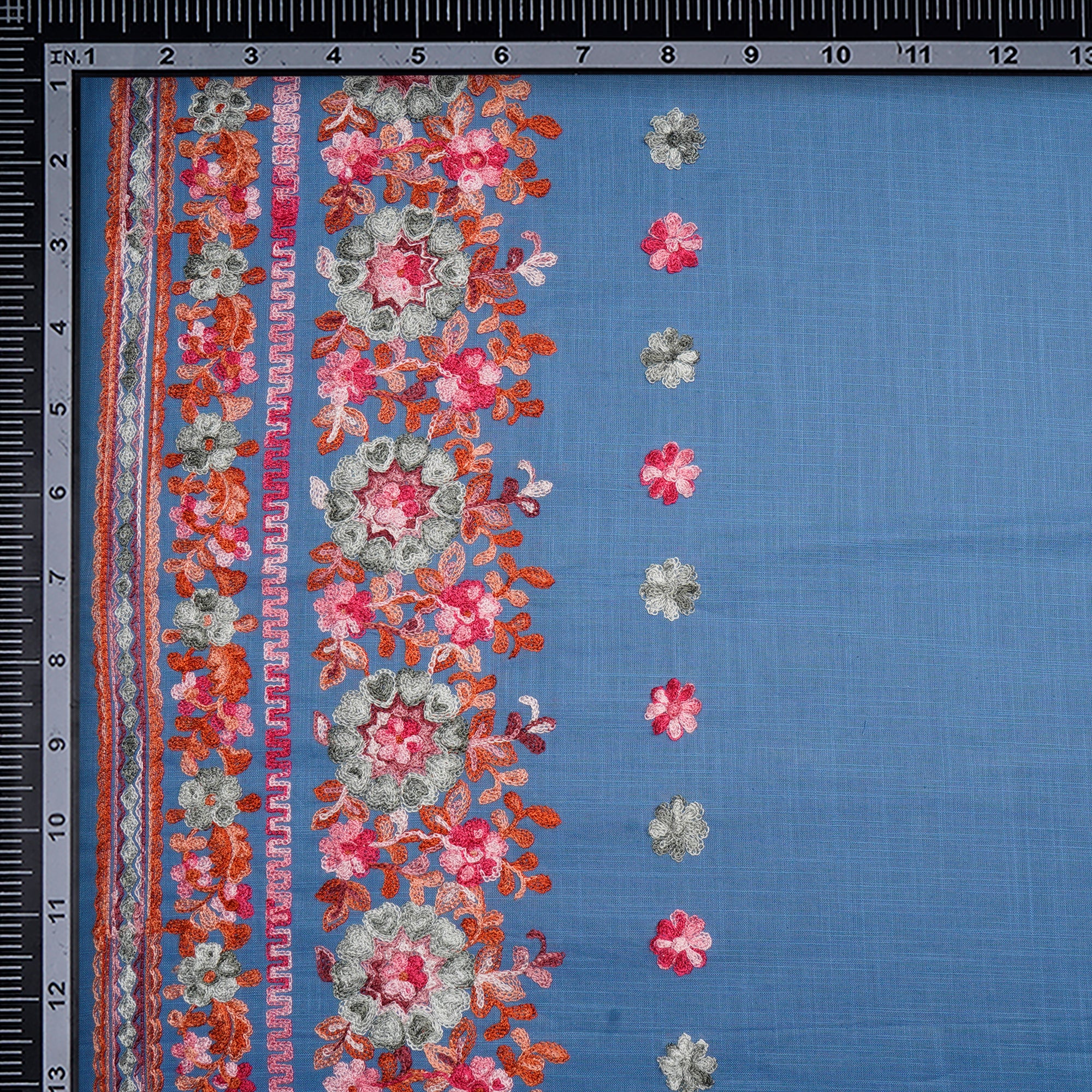 (Pre-Cut 3.70 Mtr)Multi Color Embroidered Cotton Slub Fabric