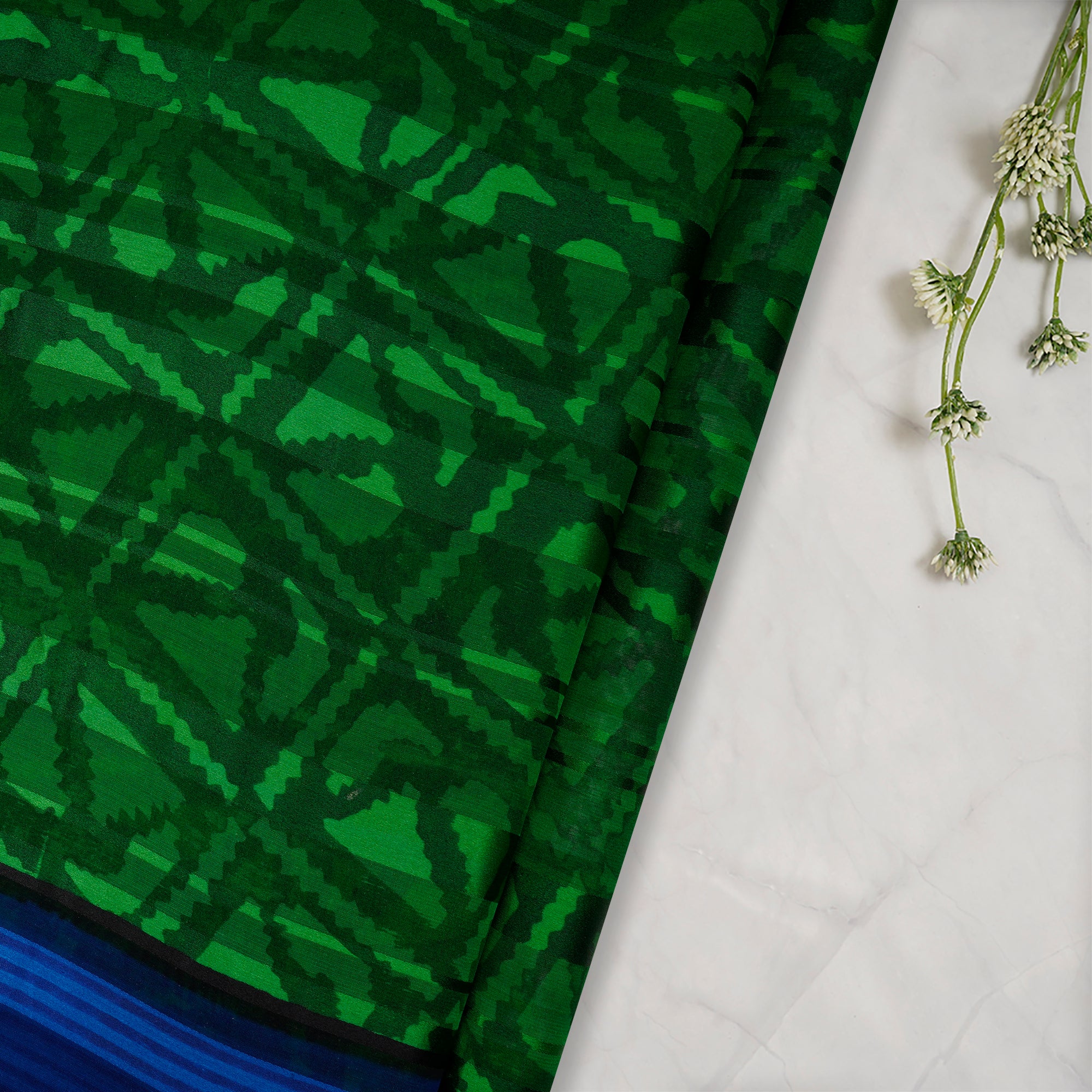 (Pre-Cut 3.40 Mtr)Green Blue Printed Georgette Satin Silk Fabric