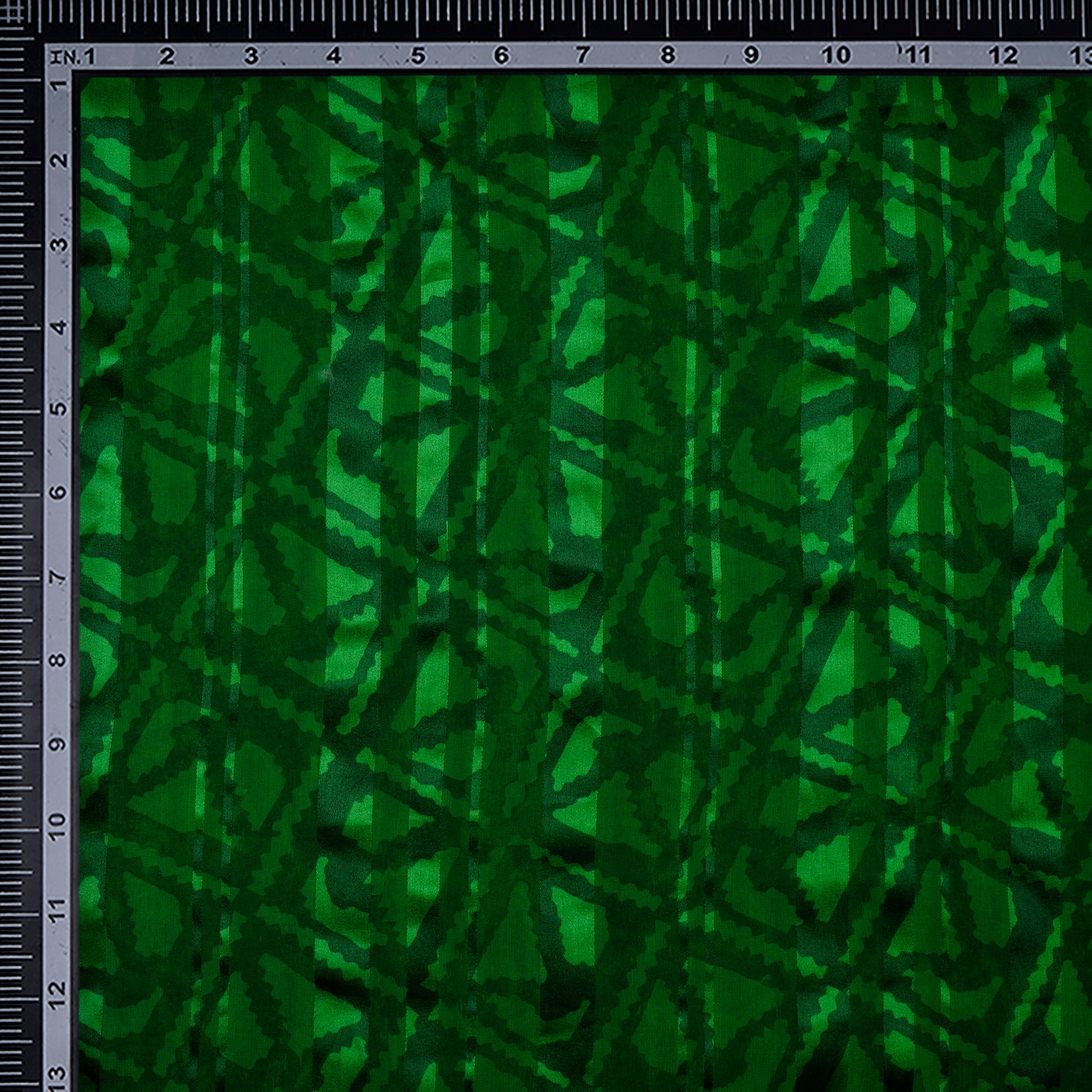 (Pre-Cut 3.40 Mtr)Green Blue Printed Georgette Satin Silk Fabric