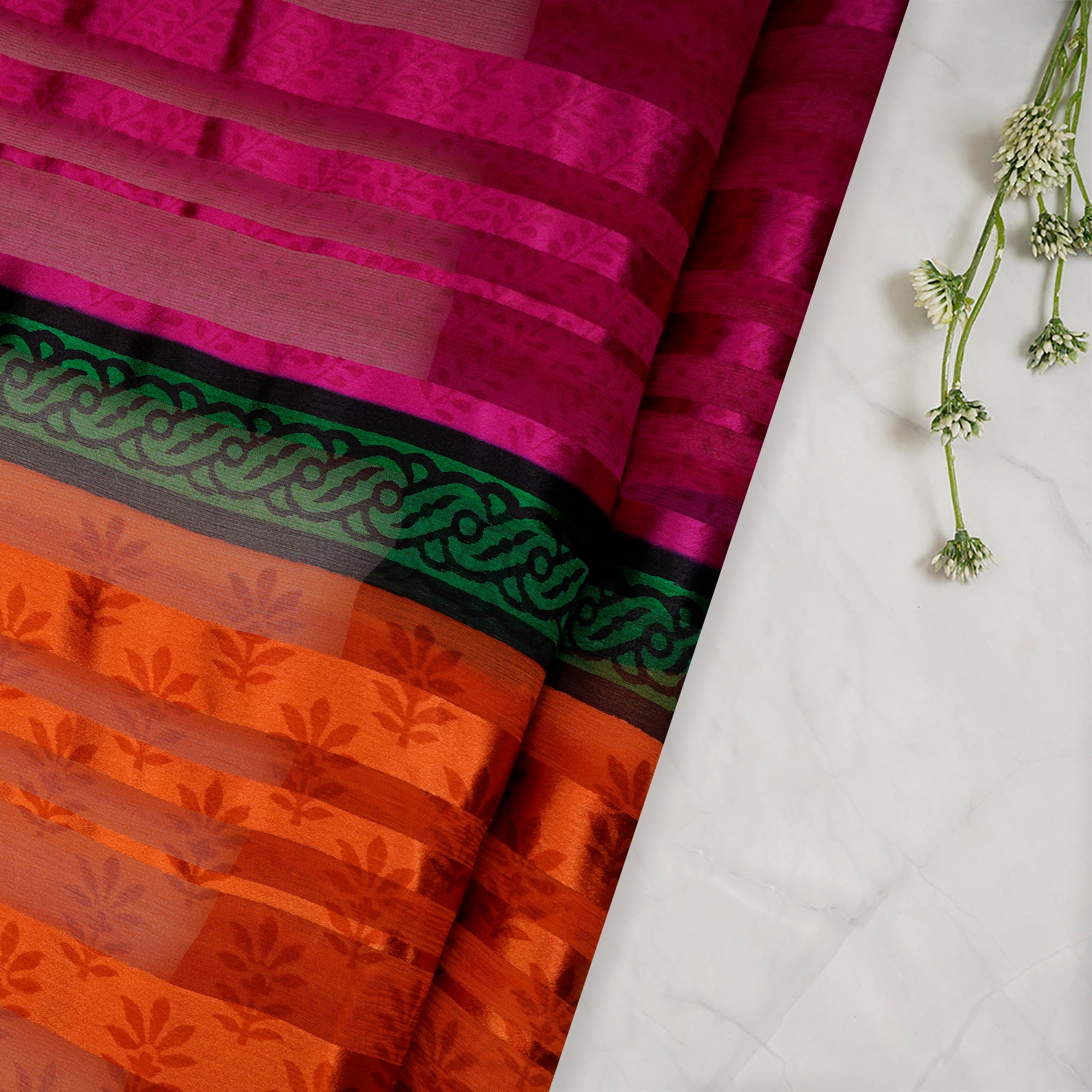 (Pre-Cut 2.50 Mtr)Pink-Orange All Over Screen Printed Georgette Satin Silk Fabric